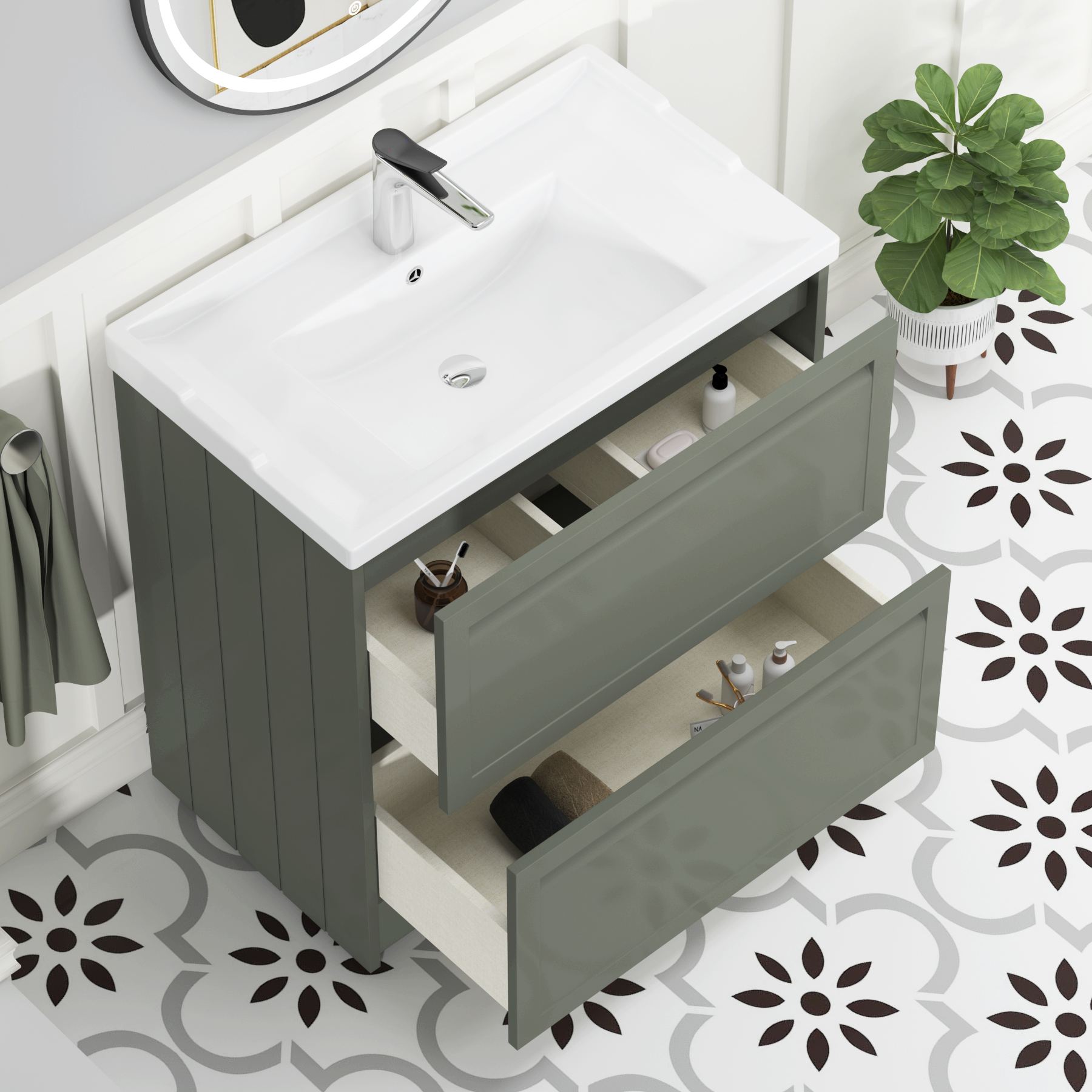 Elmore Traditional 2 Drawer Floor Standing Vanity Unit Matt Green with Ceramic Basin