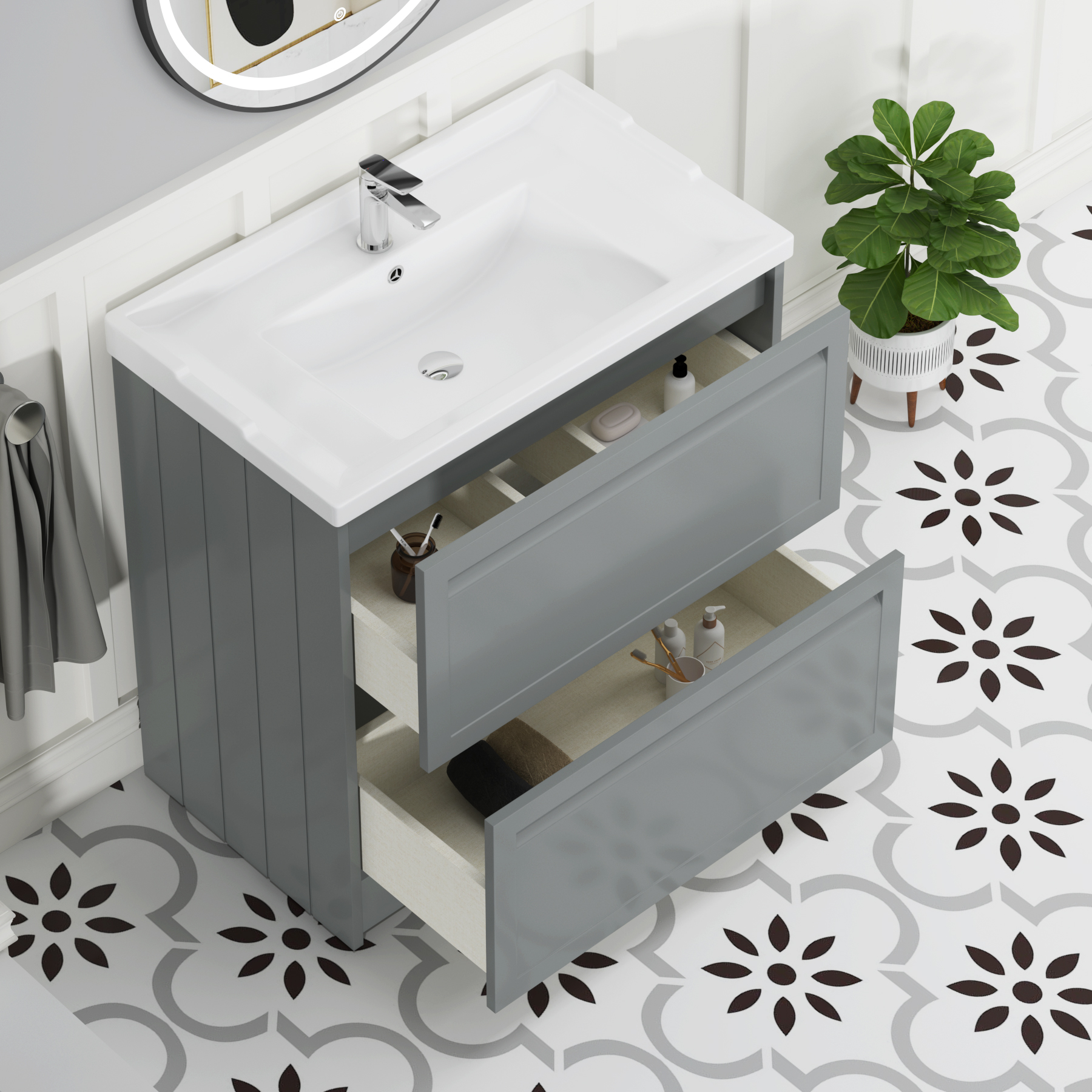 Elmore Traditional 2 Drawer Floor Standing Vanity Unit Matt Pebble Grey with Ceramic Basin
