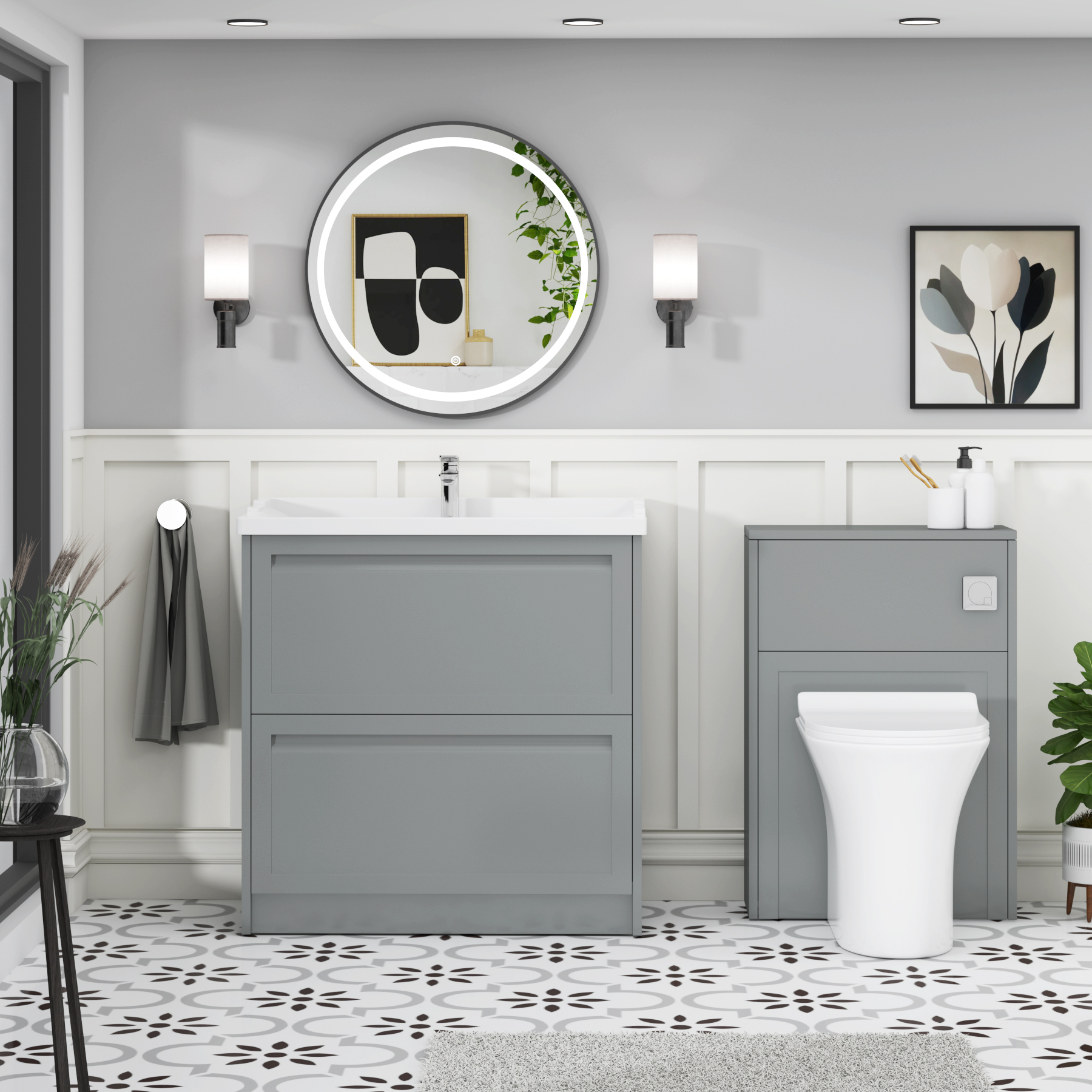 Elmore Traditional 2 Drawer Floor Standing Vanity Unit Matt Pebble Grey with Ceramic Basin