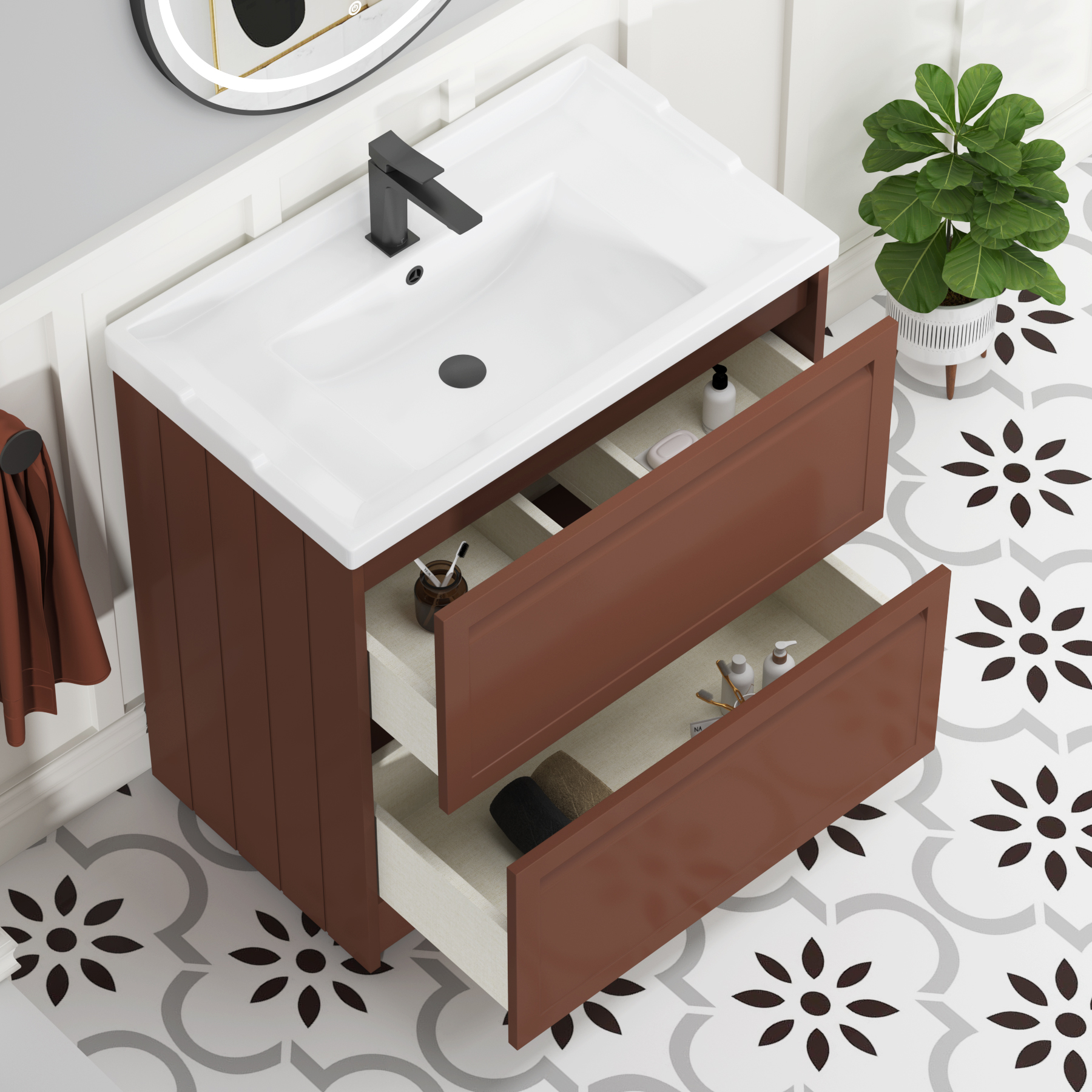 Elmore Traditional 2 Drawer Floor Standing Vanity Unit Terracotta Clay with Ceramic Basin