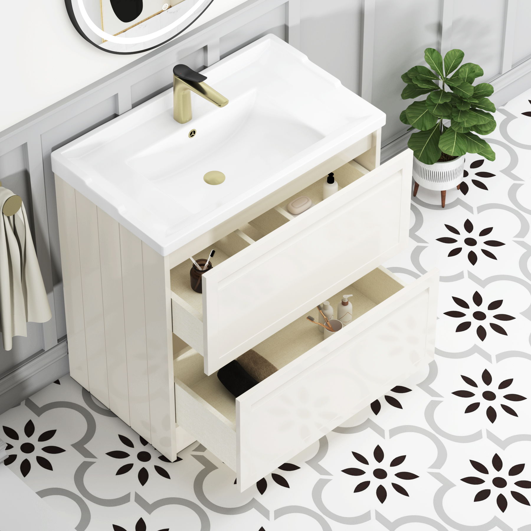 Elmore Traditional 2 Drawer Floor Standing Vanity Unit Classic White with Ceramic Basin