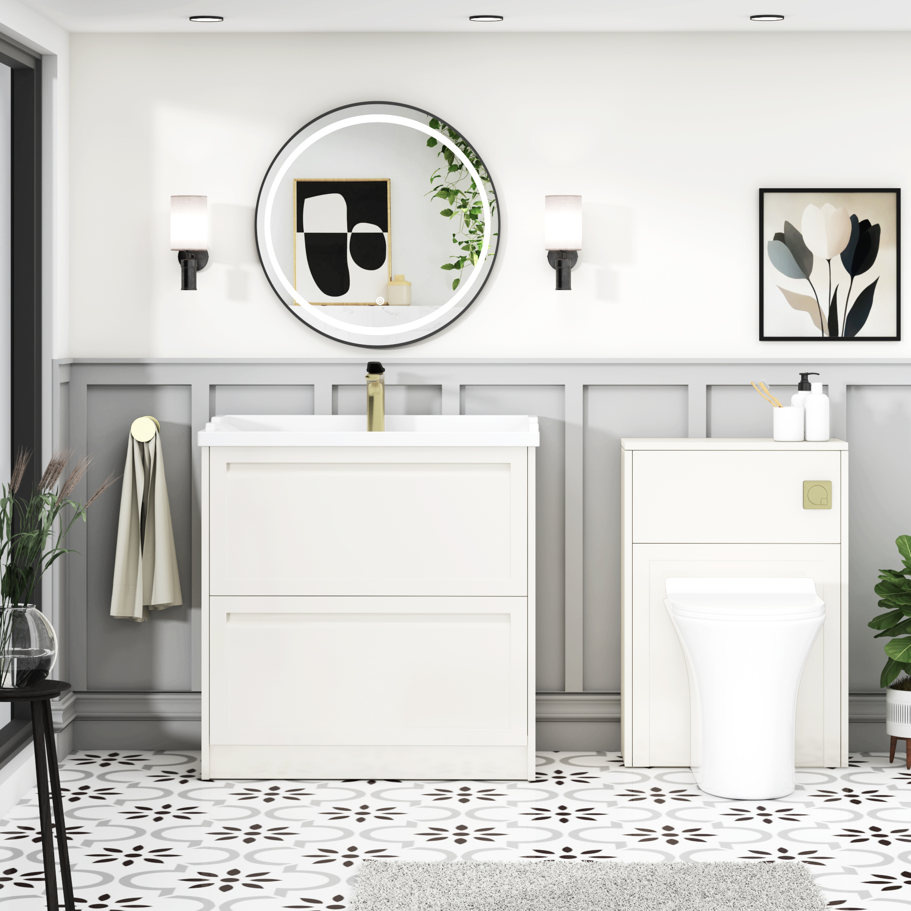 Elmore Traditional 2 Drawer Floor Standing Vanity Unit Classic White with Ceramic Basin