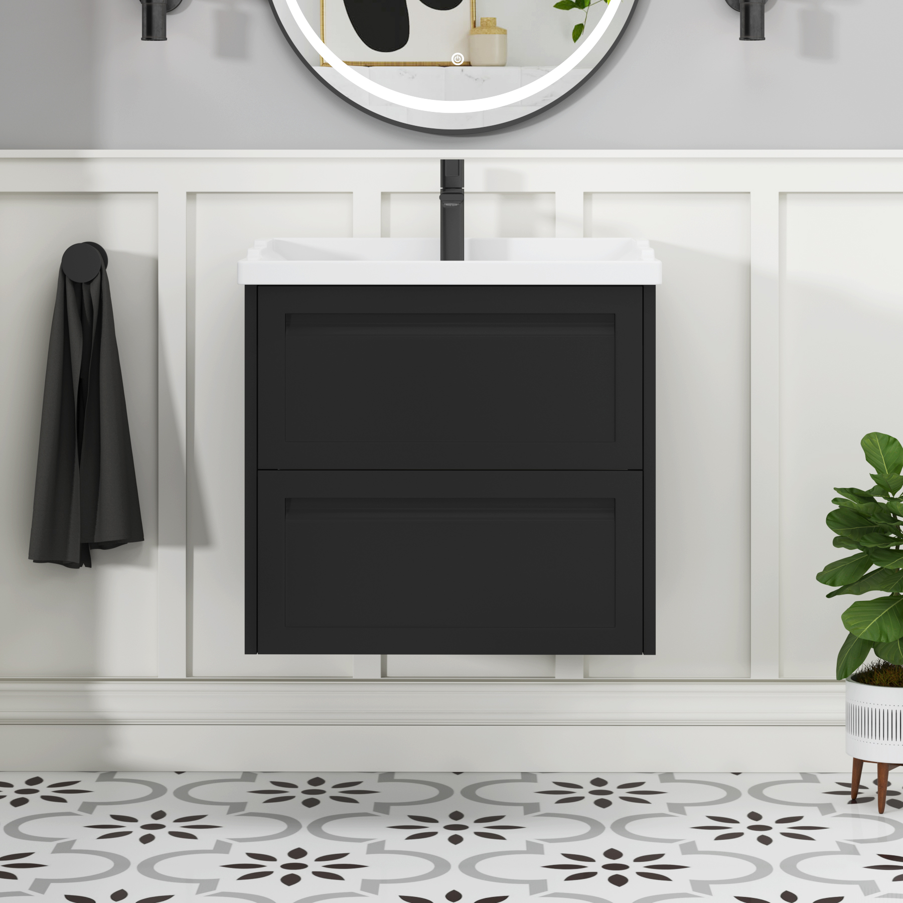 Elmore Traditional 2 Drawer Wall Hung Vanity Unit Matt Nocturne Black with Ceramic Basin