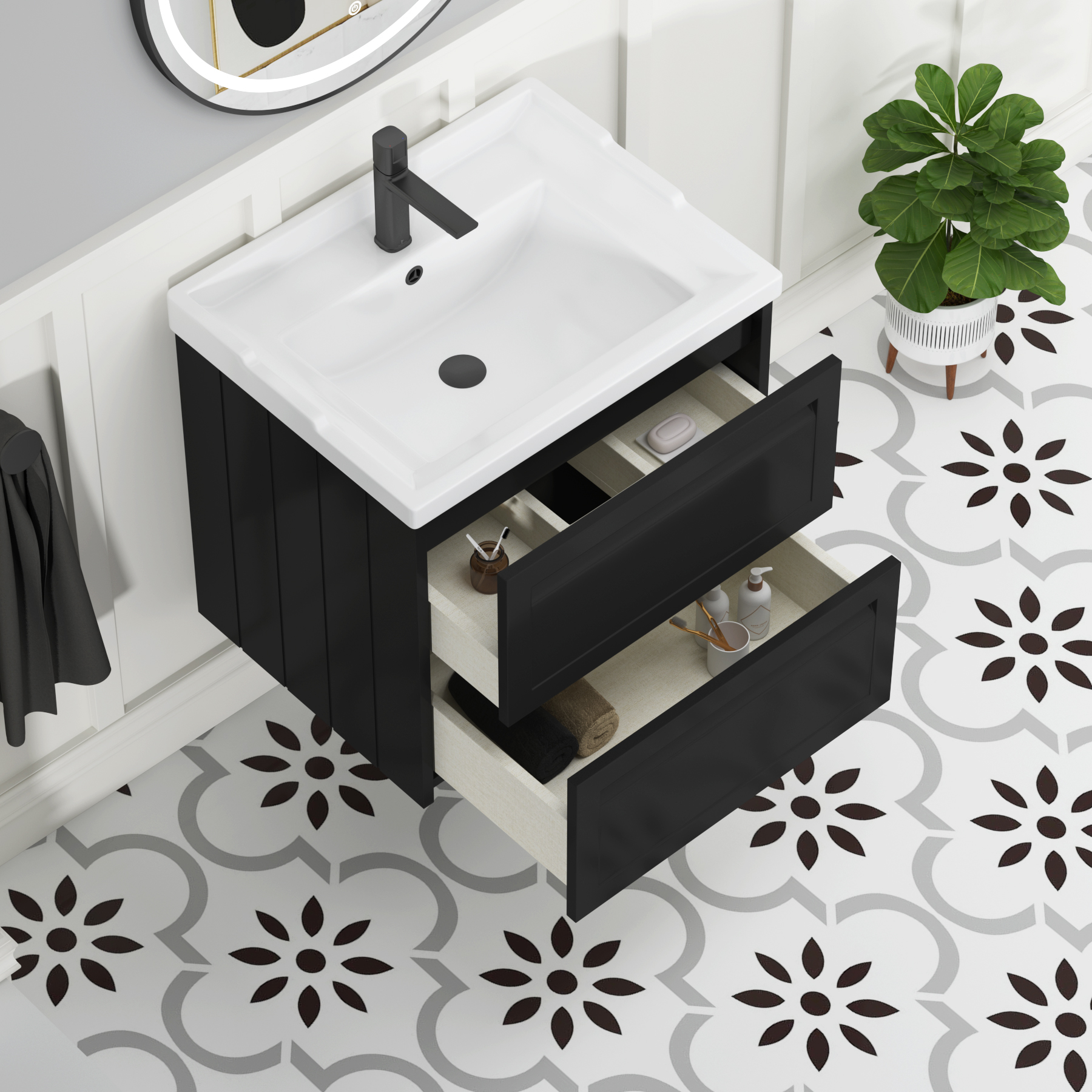 Elmore Traditional 2 Drawer Wall Hung Vanity Unit Matt Nocturne Black with Ceramic Basin