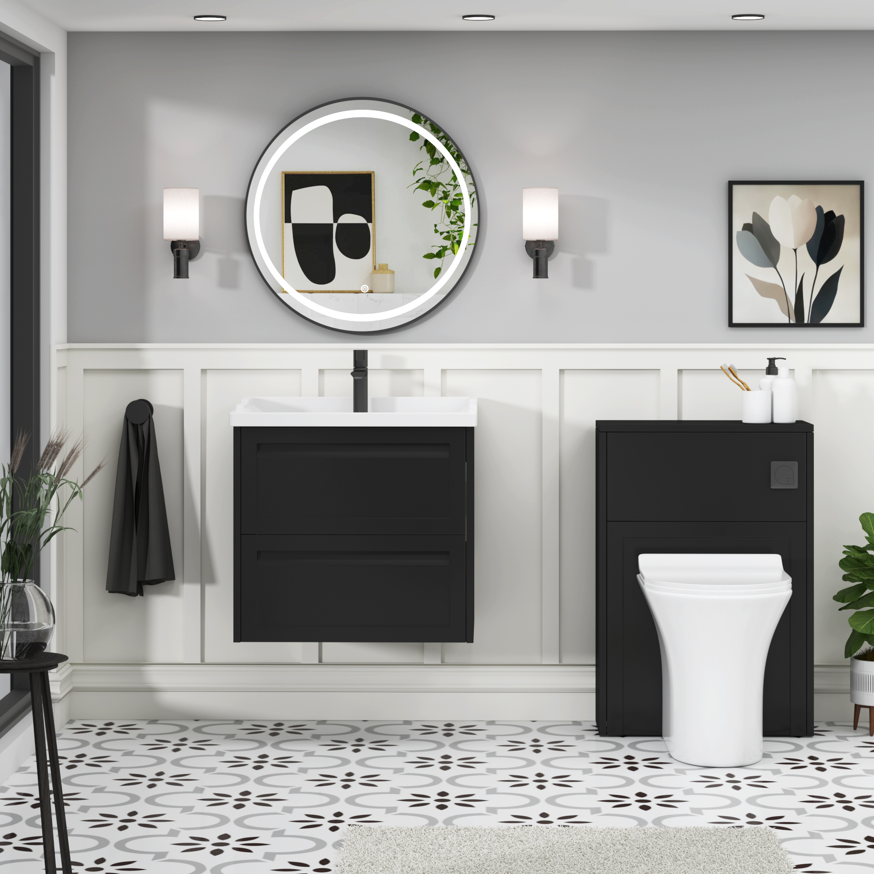 Elmore Traditional 2 Drawer Wall Hung Vanity Unit Matt Nocturne Black with Ceramic Basin