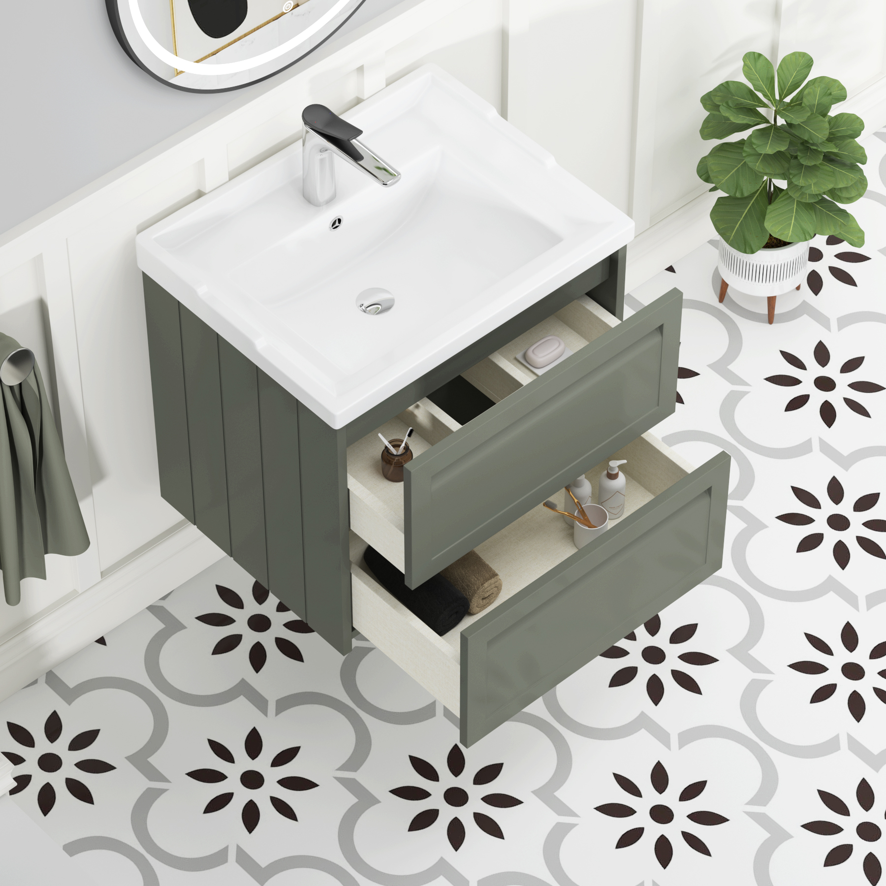 Elmore Traditional 2 Drawer Wall Hung Vanity Unit Matt Green with Ceramic Basin
