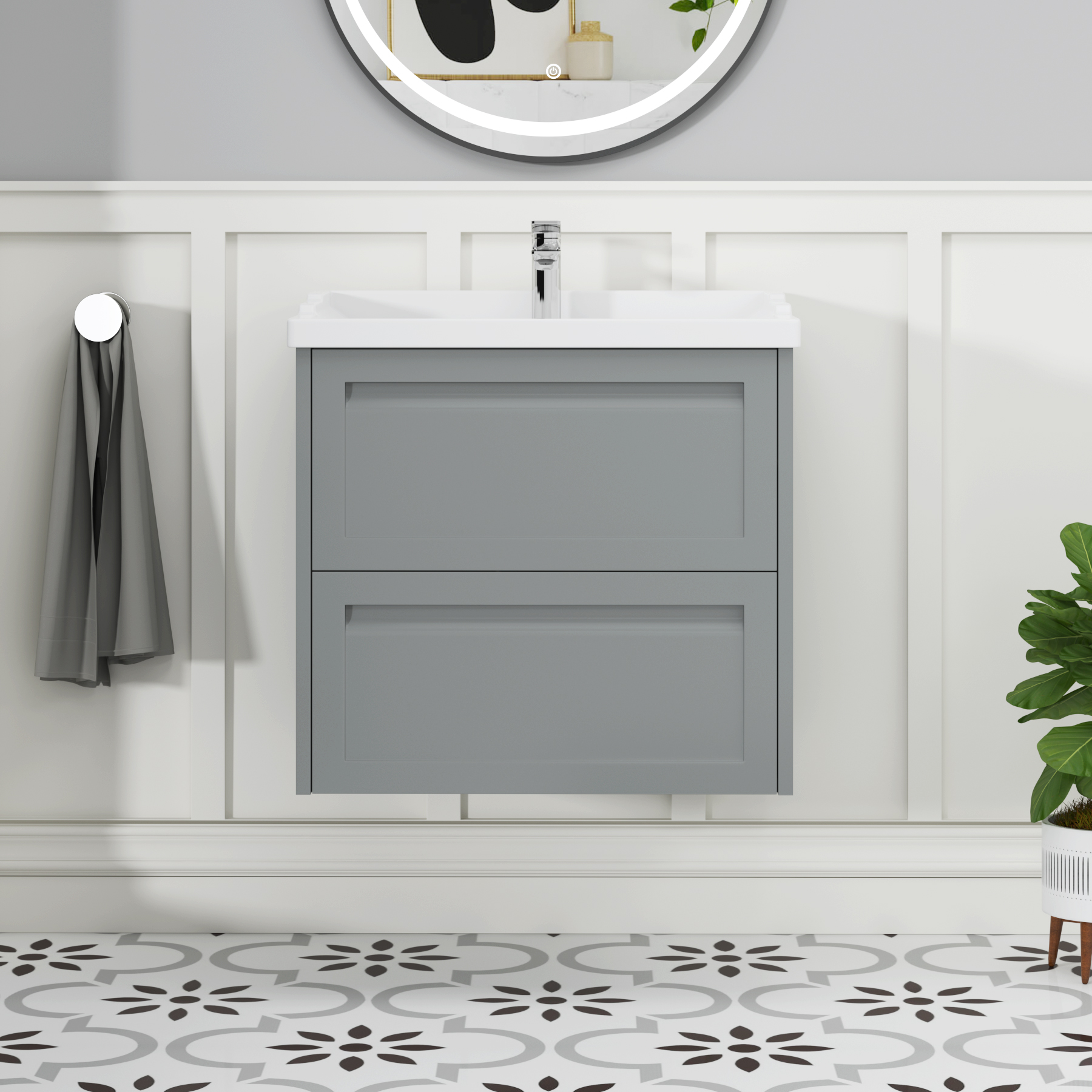 Elmore Traditional 2 Drawer Wall Hung Vanity Unit Matt Pebble Grey with Ceramic Basin