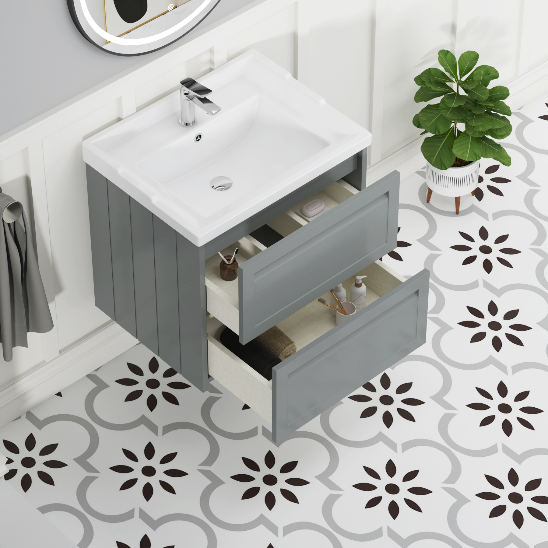 Elmore Traditional 2 Drawer Wall Hung Vanity Unit Matt Pebble Grey with Ceramic Basin