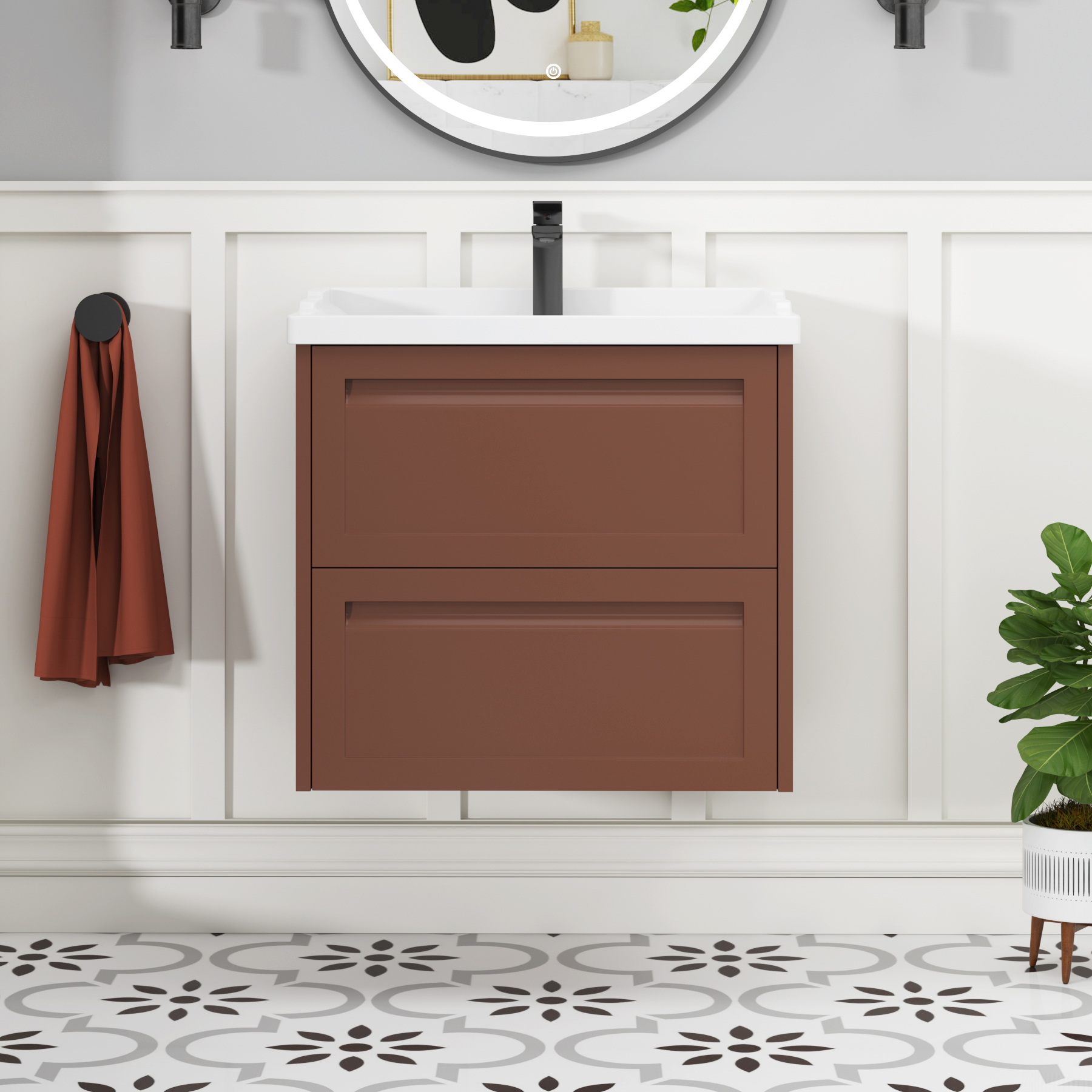 Elmore Traditional 2 Drawer Wall Hung Vanity Unit Terracotta Clay with Ceramic Basin