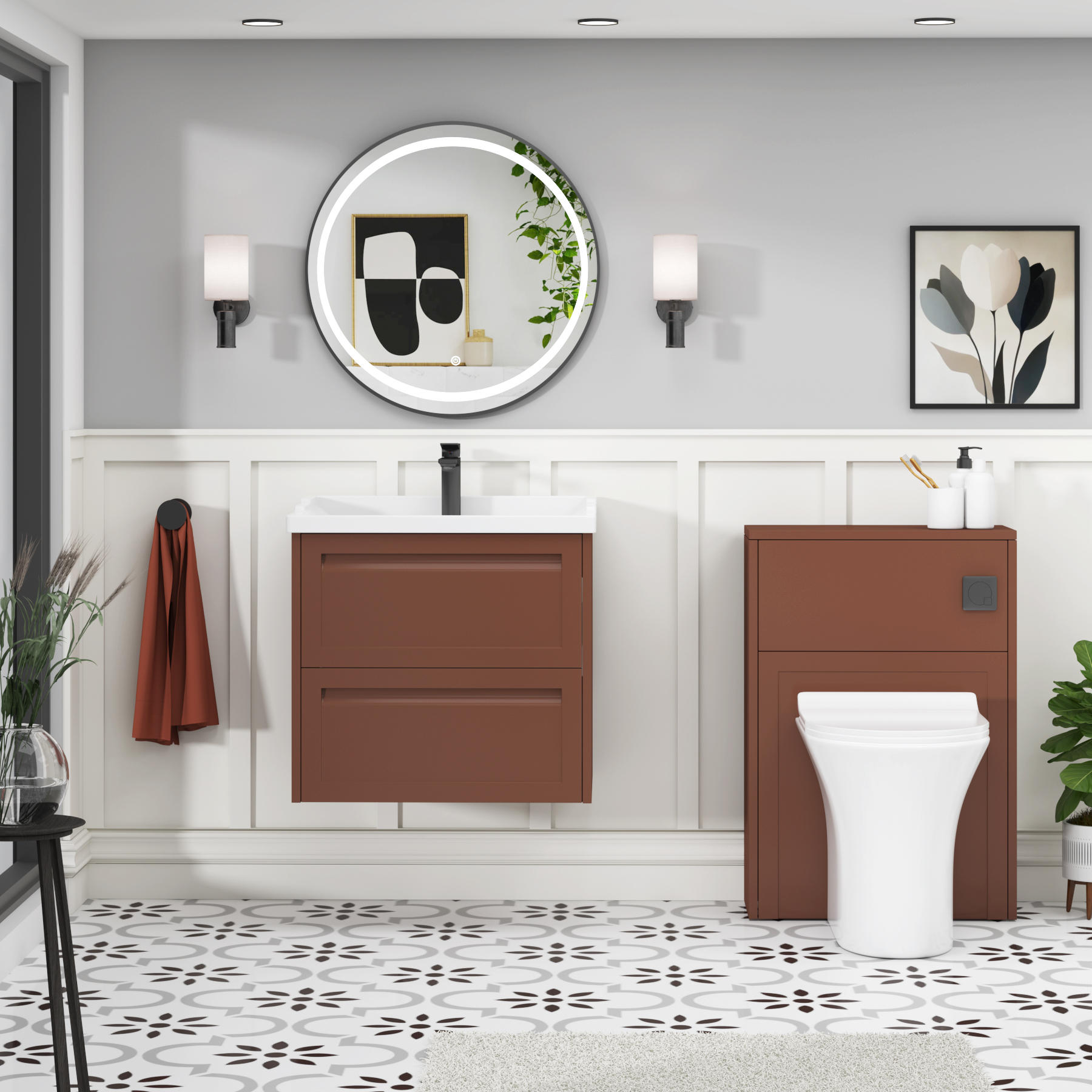 Elmore Traditional 2 Drawer Wall Hung Vanity Unit Terracotta Clay with Ceramic Basin