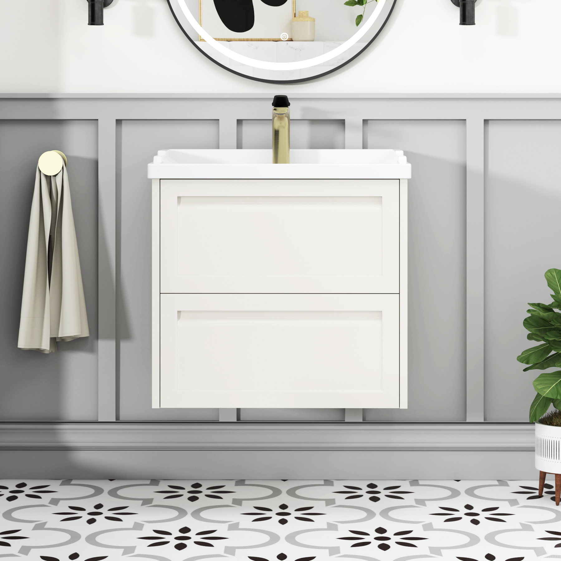 Elmore Traditional 2 Drawer Wall Hung Vanity Unit Classic White with Ceramic Basin