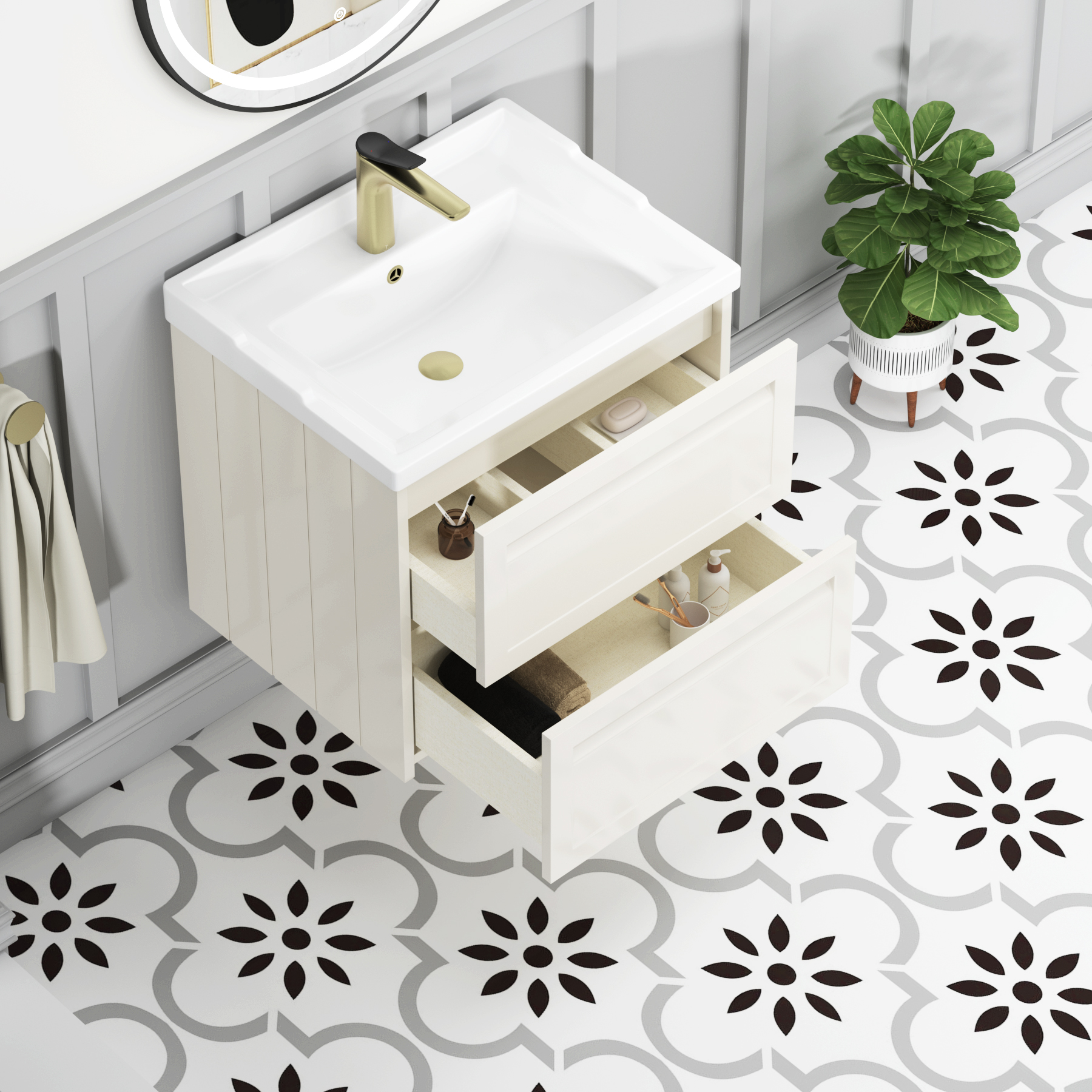 Elmore Traditional 2 Drawer Wall Hung Vanity Unit Classic White with Ceramic Basin