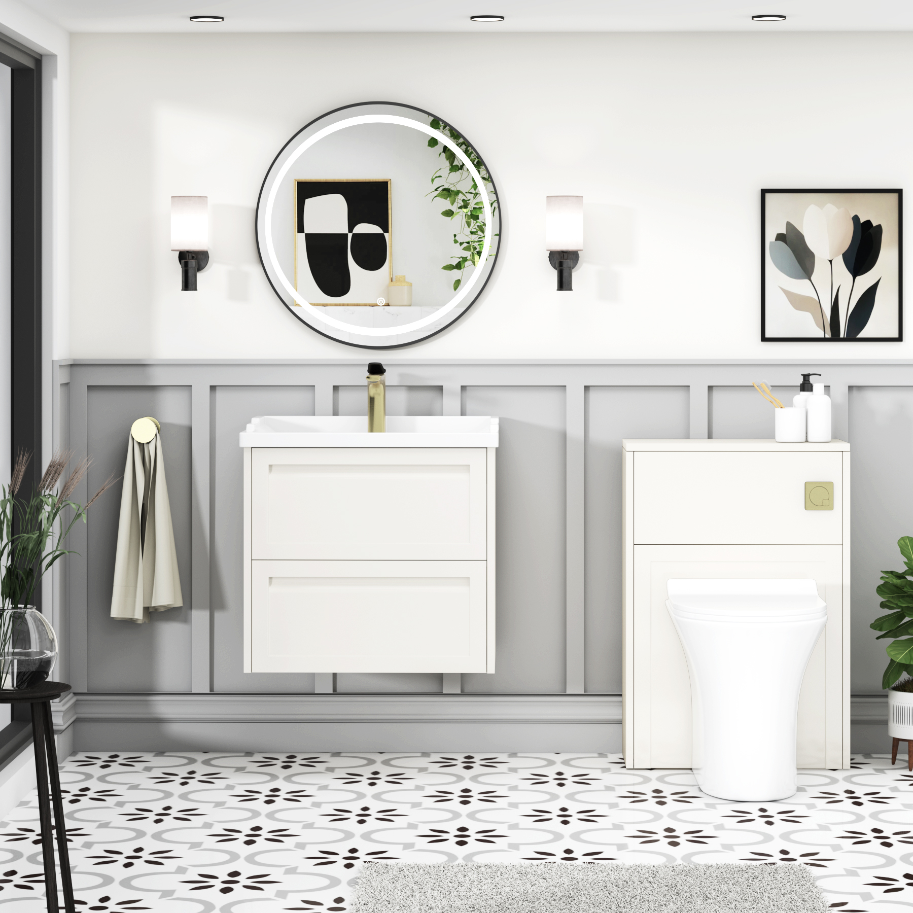 Elmore Traditional 2 Drawer Wall Hung Vanity Unit Classic White with Ceramic Basin