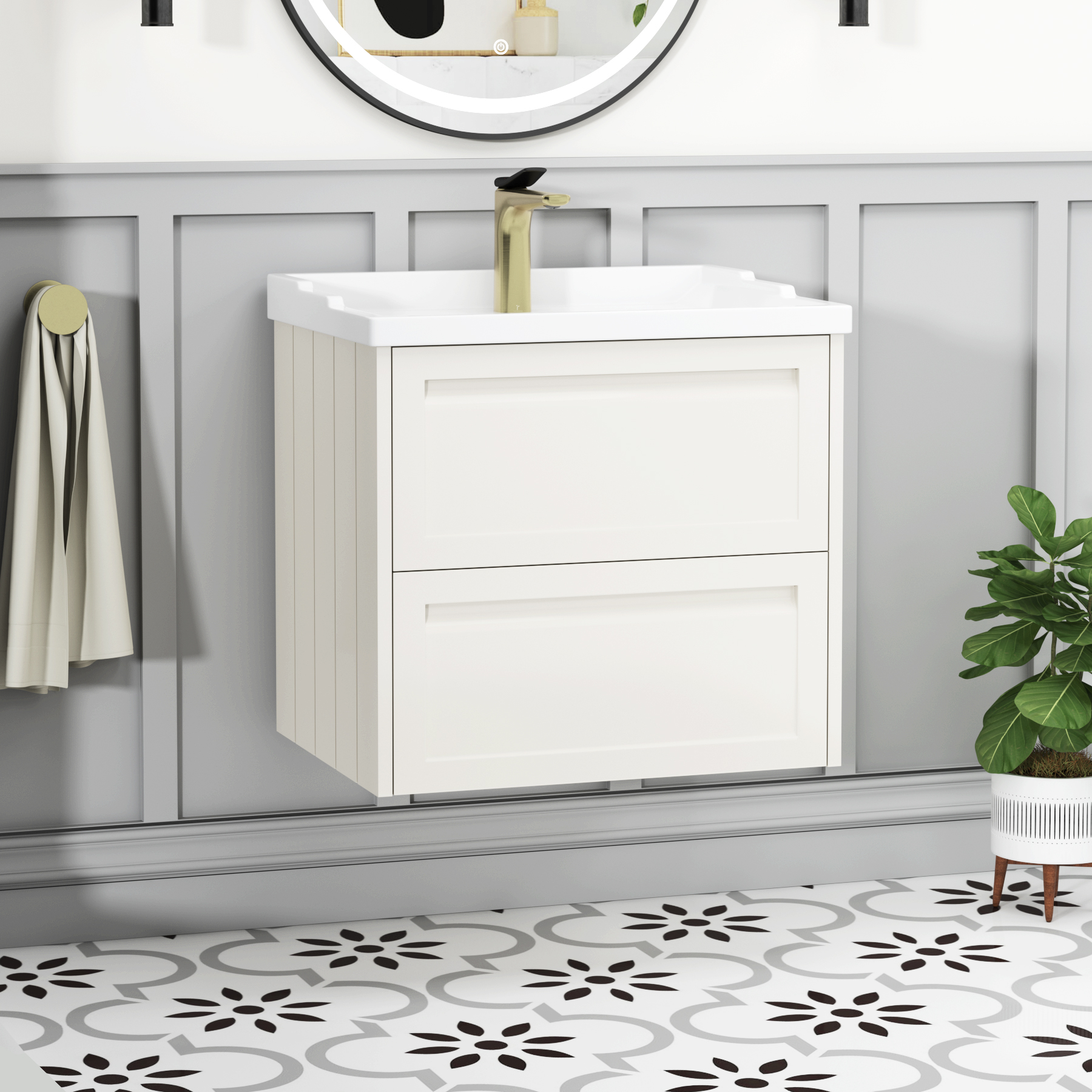 Elmore 600mm Traditional Wall Hung 2 Drawer Vanity Unit Classic White with Ceramic Basin