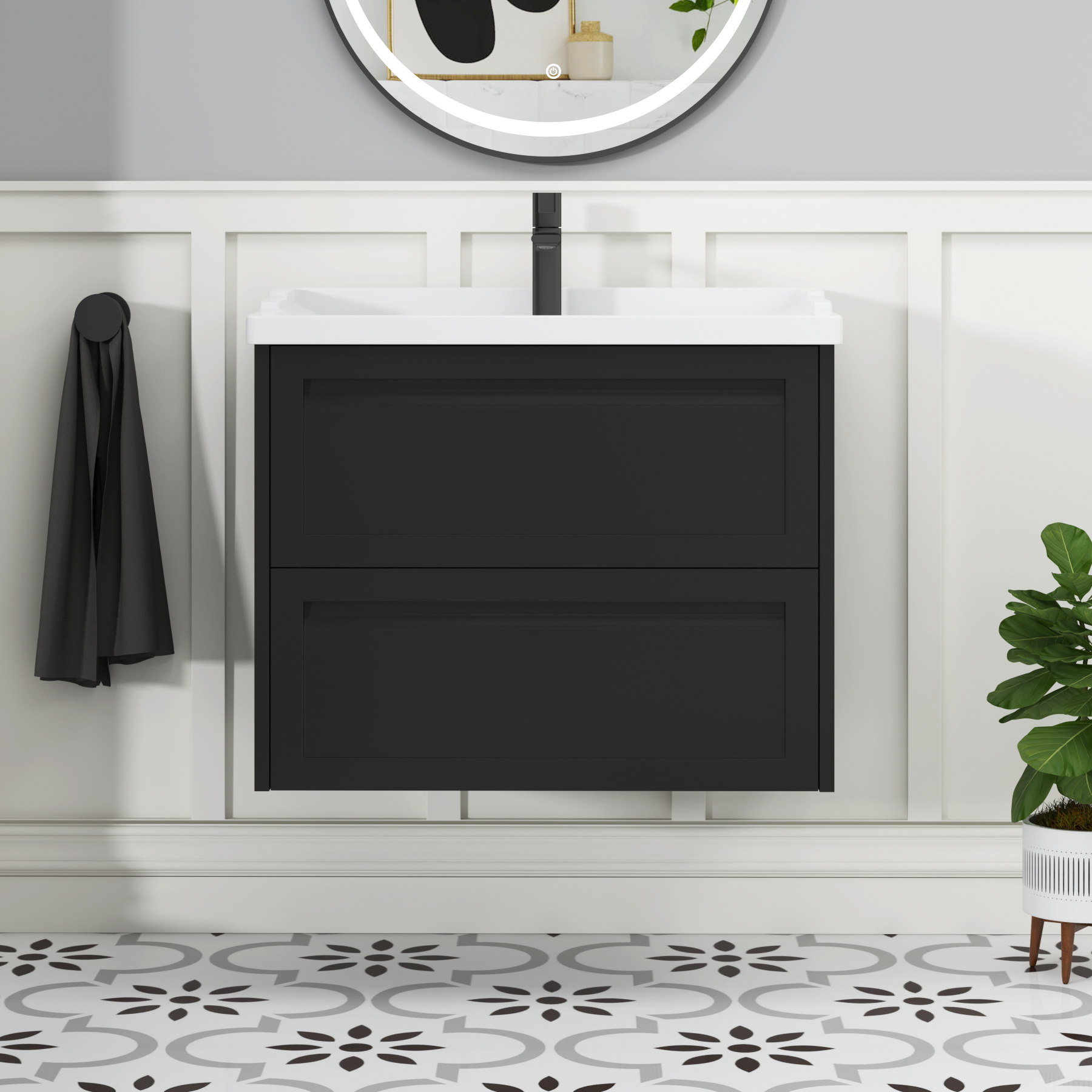 Elmore Traditional 2 Drawer Wall Hung Vanity Unit Matt Nocturne Black with Ceramic Basin