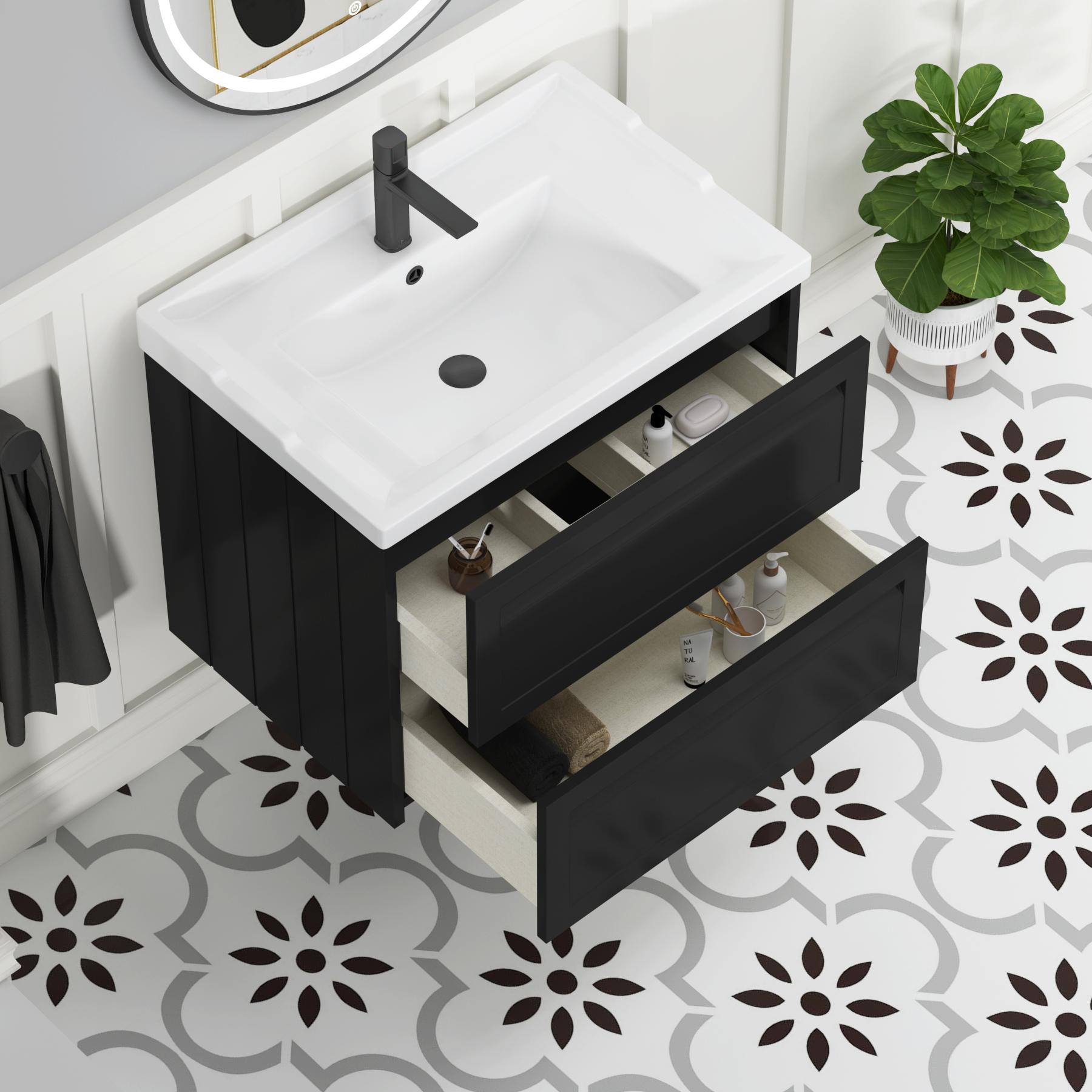 Elmore Traditional 2 Drawer Wall Hung Vanity Unit Matt Nocturne Black with Ceramic Basin