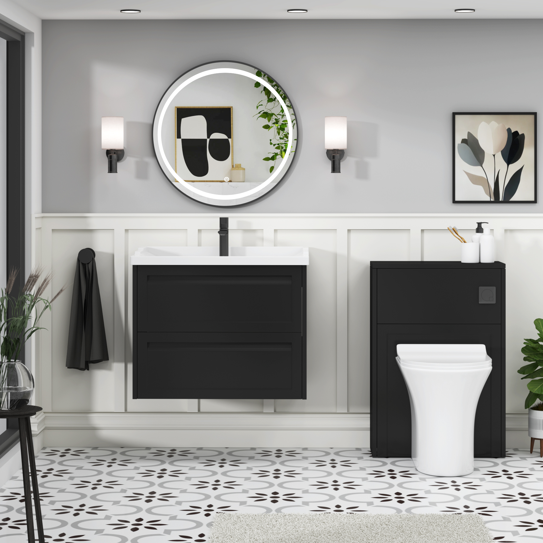 Elmore Traditional 2 Drawer Wall Hung Vanity Unit Matt Nocturne Black with Ceramic Basin