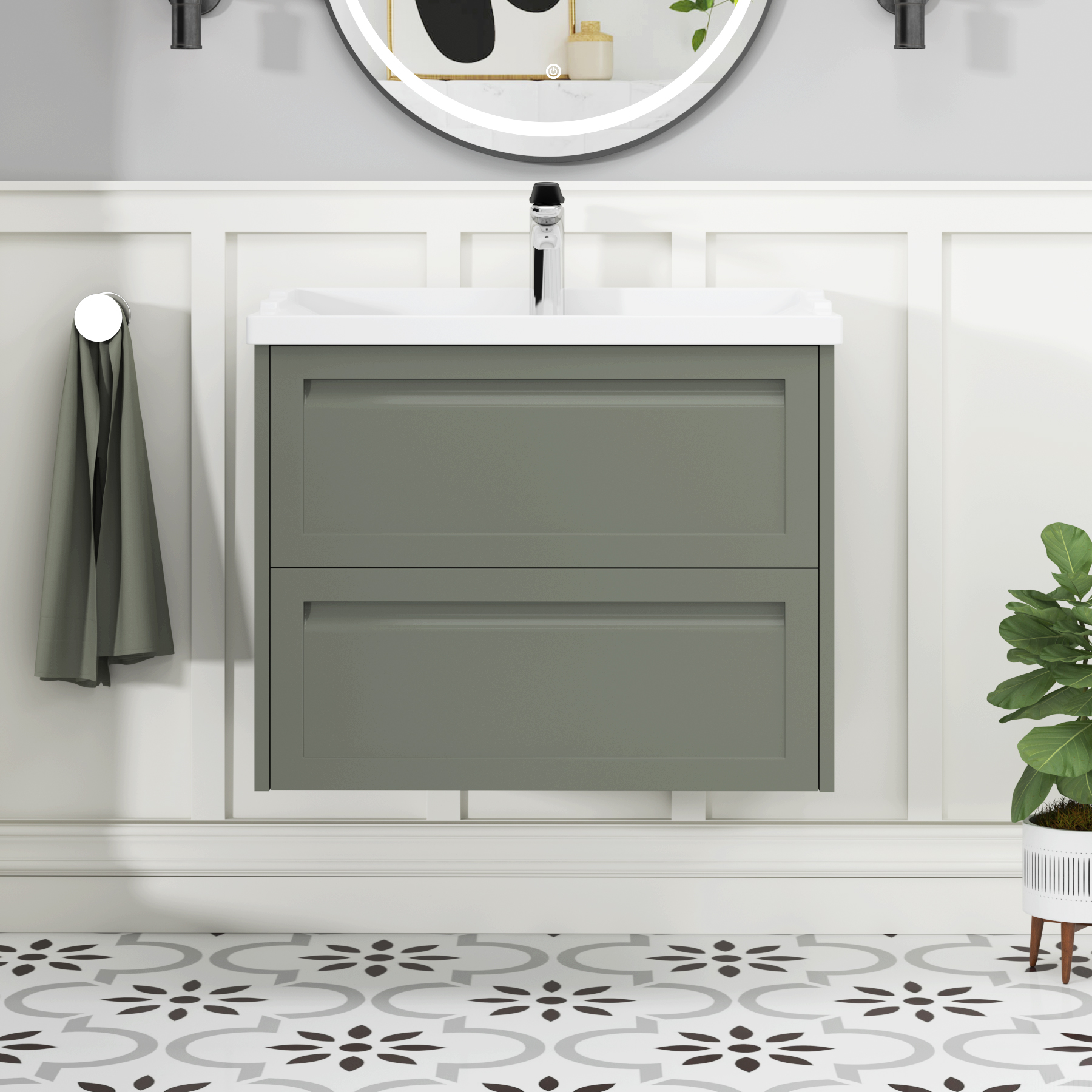 Elmore Traditional 2 Drawer Wall Hung Vanity Unit Matt Green with Ceramic Basin