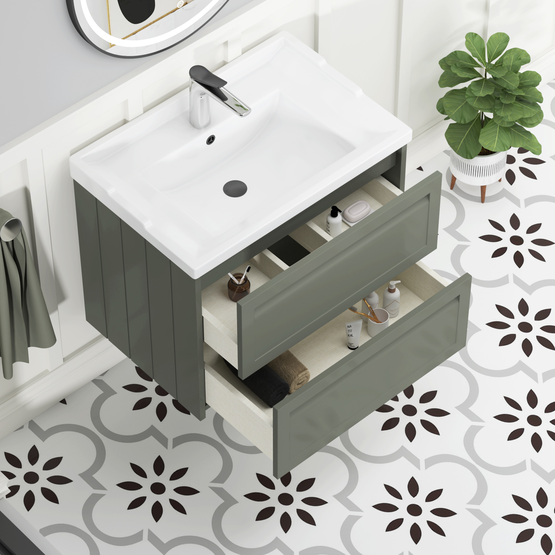 Elmore Traditional 2 Drawer Wall Hung Vanity Unit Matt Green with Ceramic Basin
