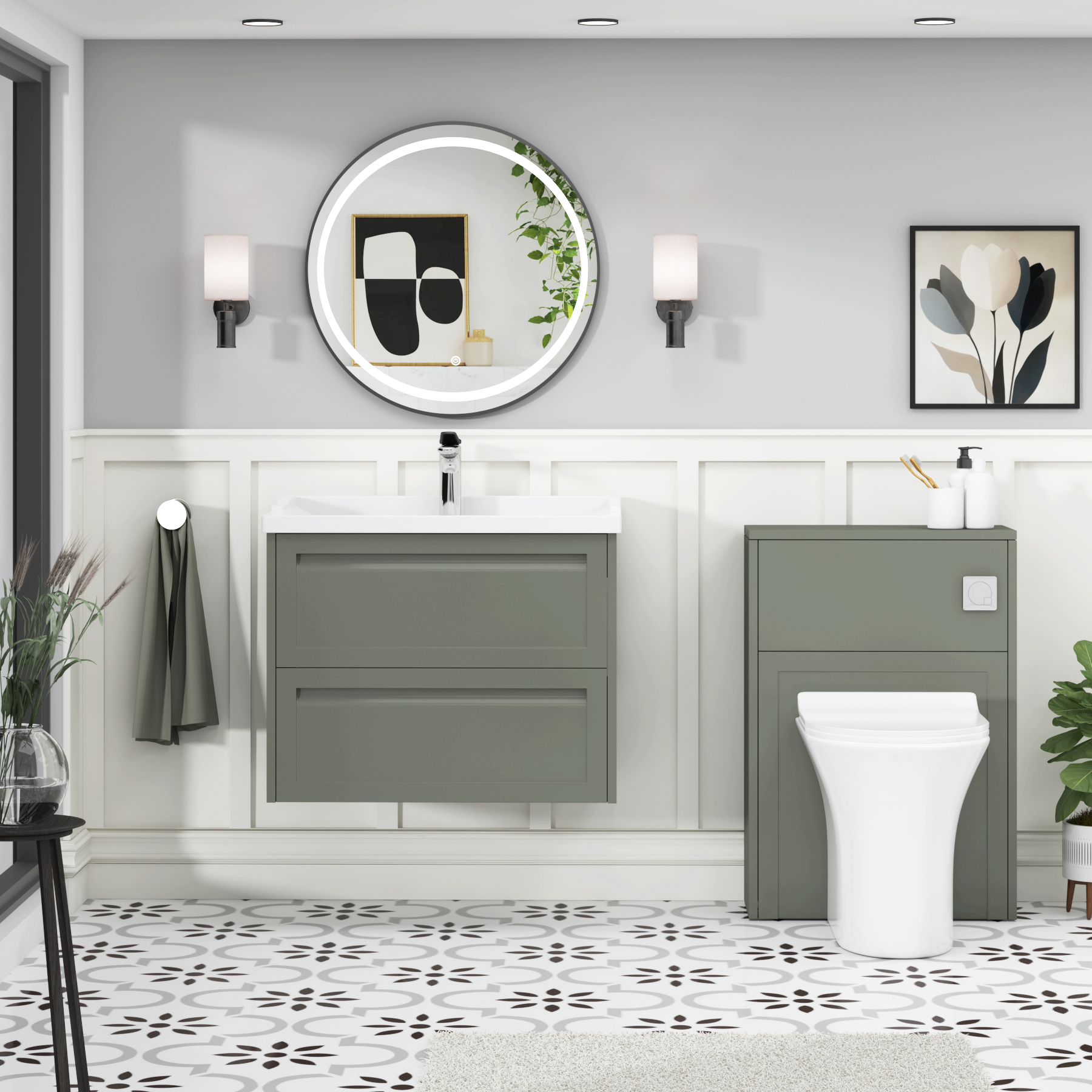Elmore Traditional 2 Drawer Wall Hung Vanity Unit Matt Green with Ceramic Basin