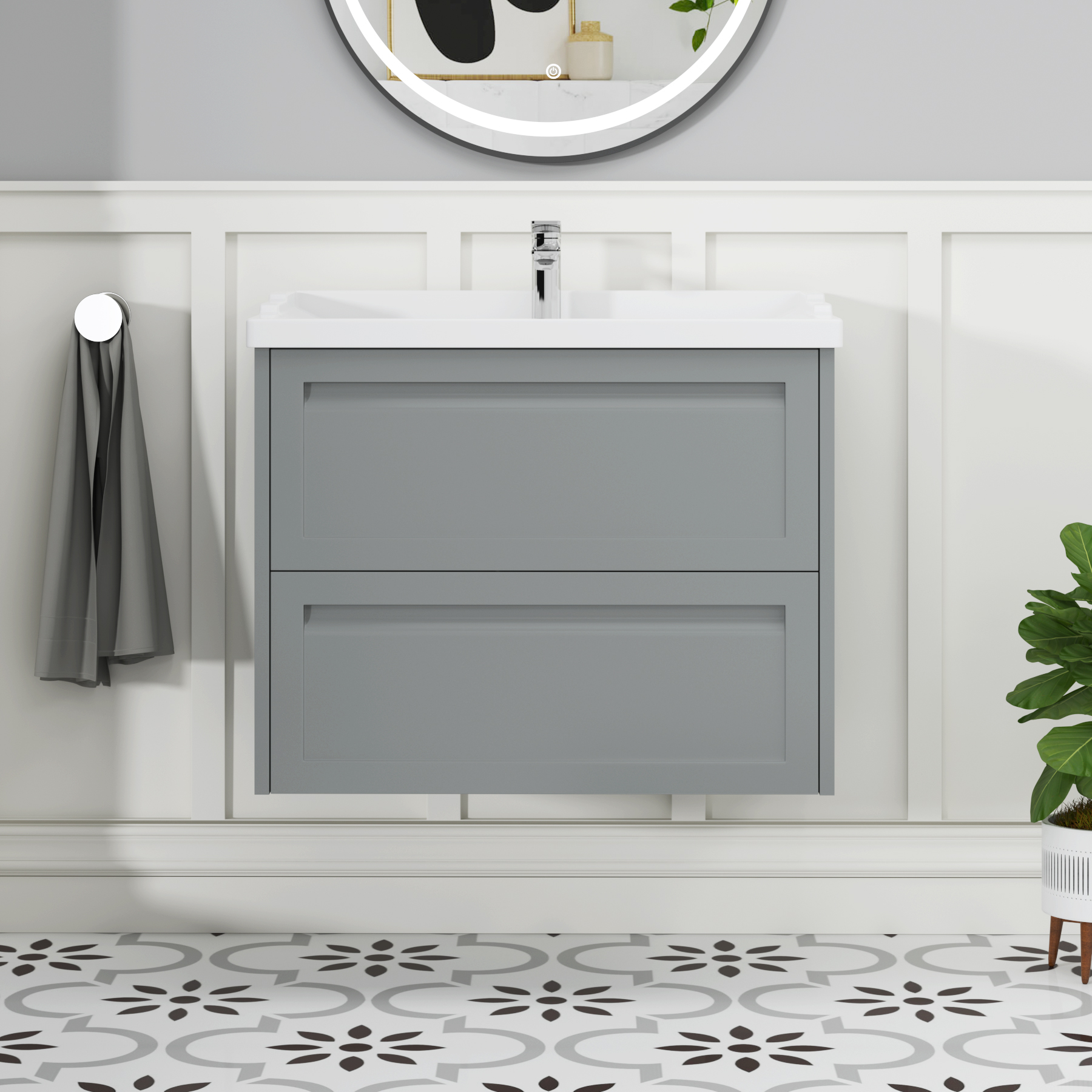 Elmore Traditional 2 Drawer Wall Hung Vanity Unit Matt Pebble Grey with Ceramic Basin