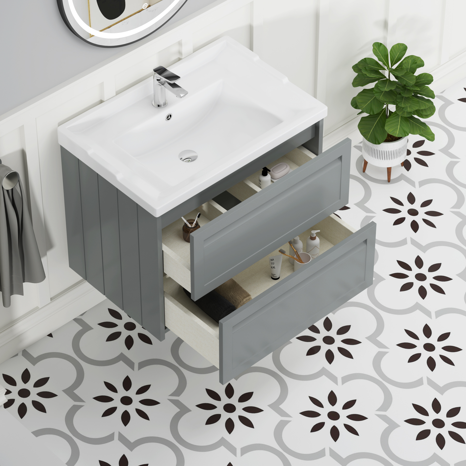 Elmore Traditional 2 Drawer Wall Hung Vanity Unit Matt Pebble Grey with Ceramic Basin