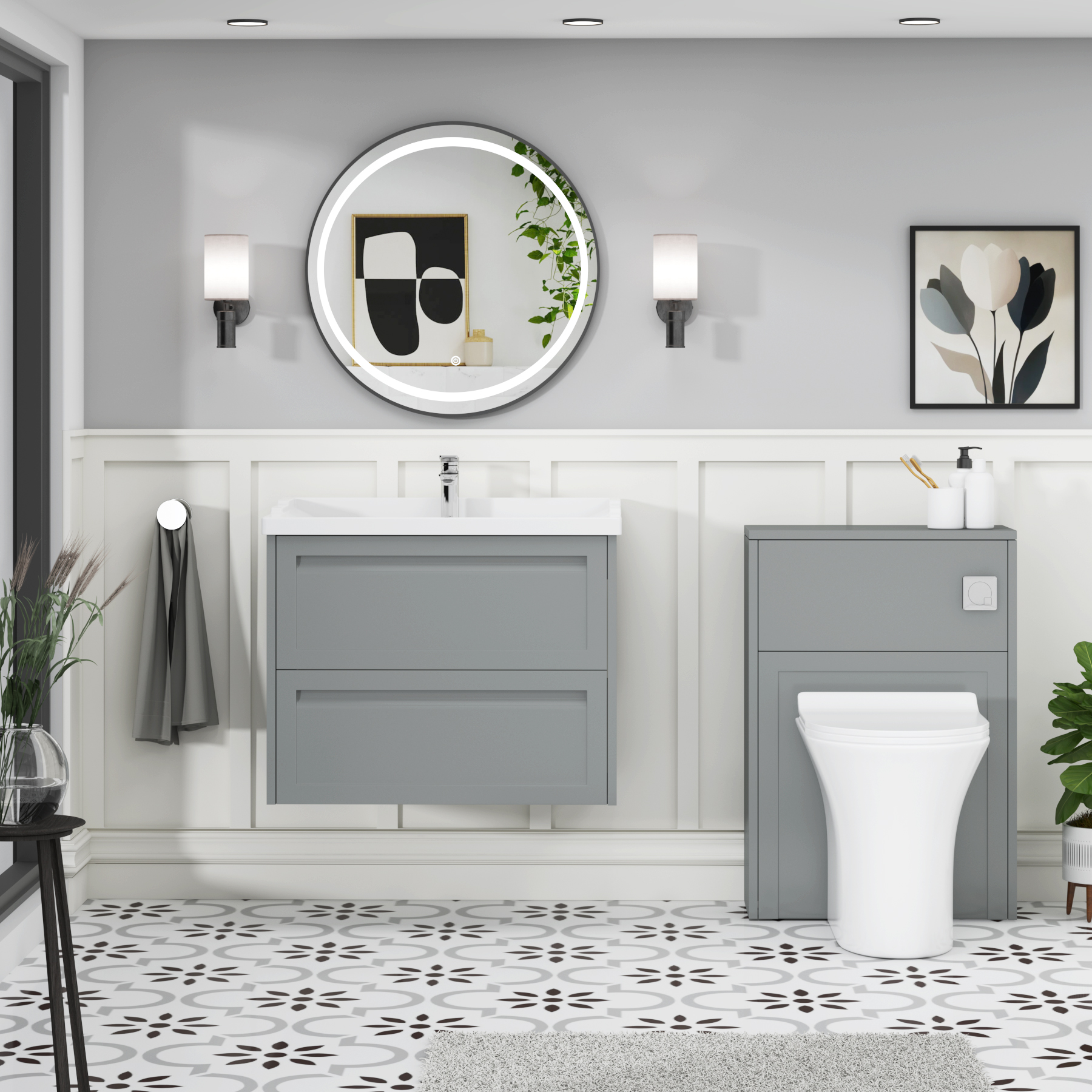 Elmore Traditional 2 Drawer Wall Hung Vanity Unit Matt Pebble Grey with Ceramic Basin