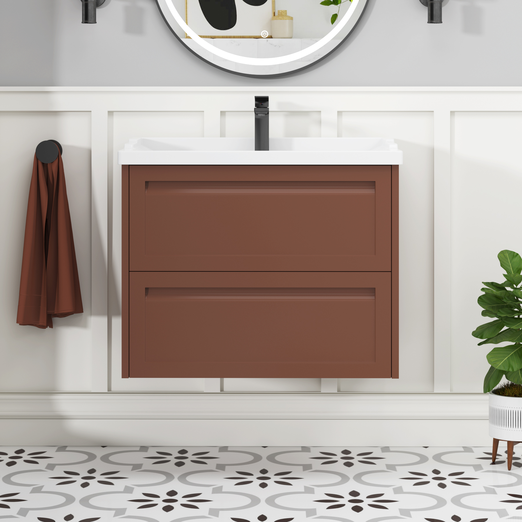 Elmore Traditional 2 Drawer Wall Hung Vanity Unit Terracotta Clay with Ceramic Basin