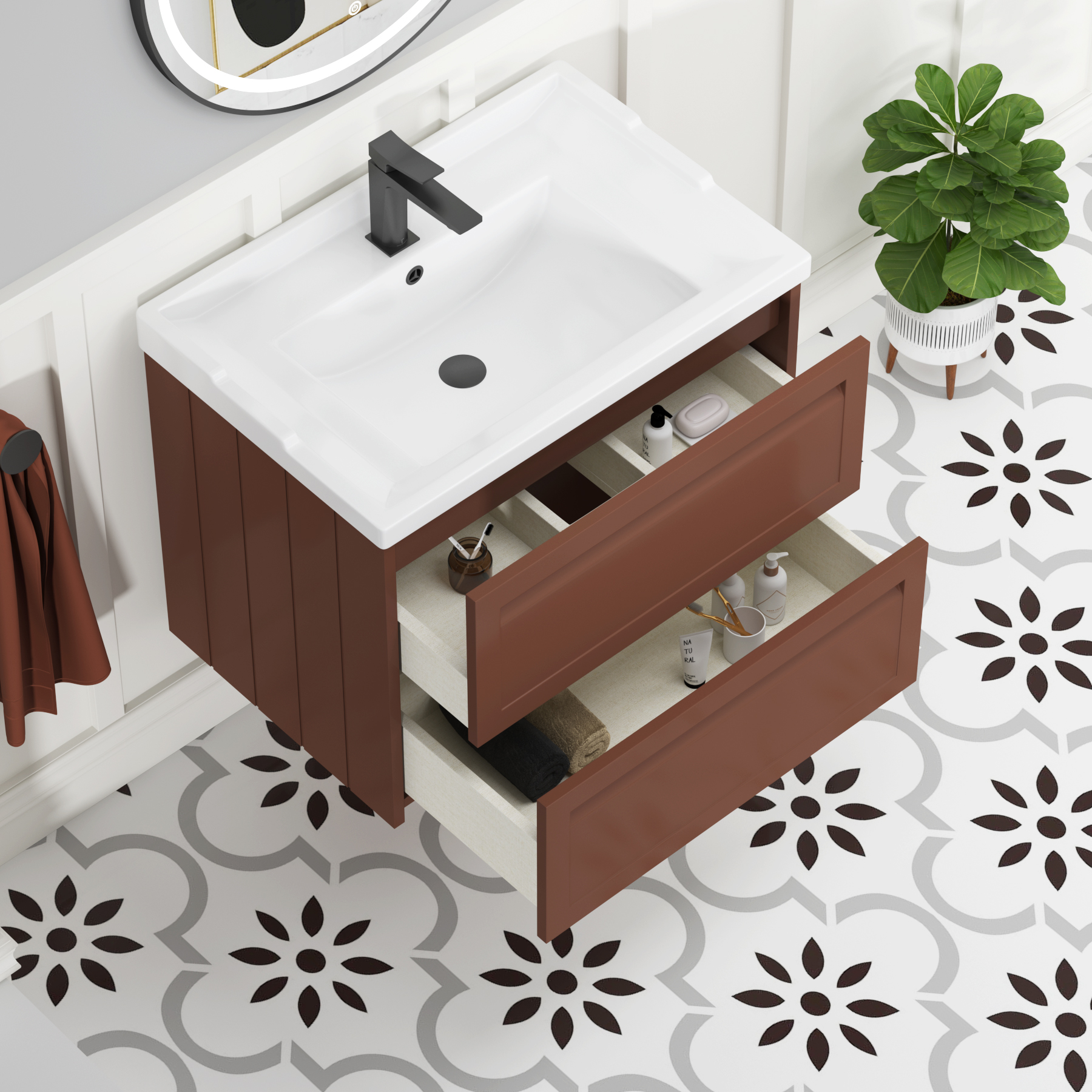 Elmore Traditional 2 Drawer Wall Hung Vanity Unit Terracotta Clay with Ceramic Basin