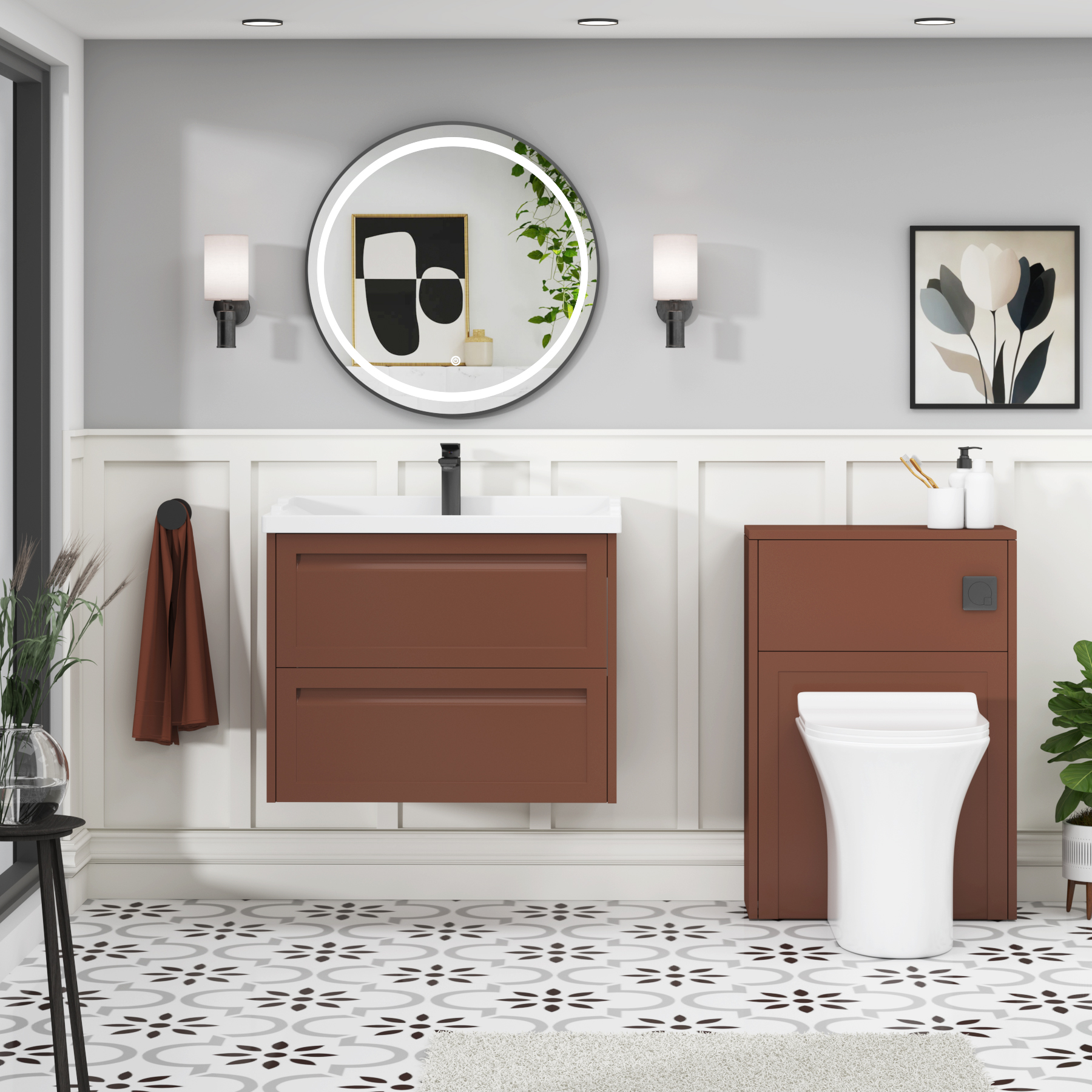 Elmore Traditional 2 Drawer Wall Hung Vanity Unit Terracotta Clay with Ceramic Basin