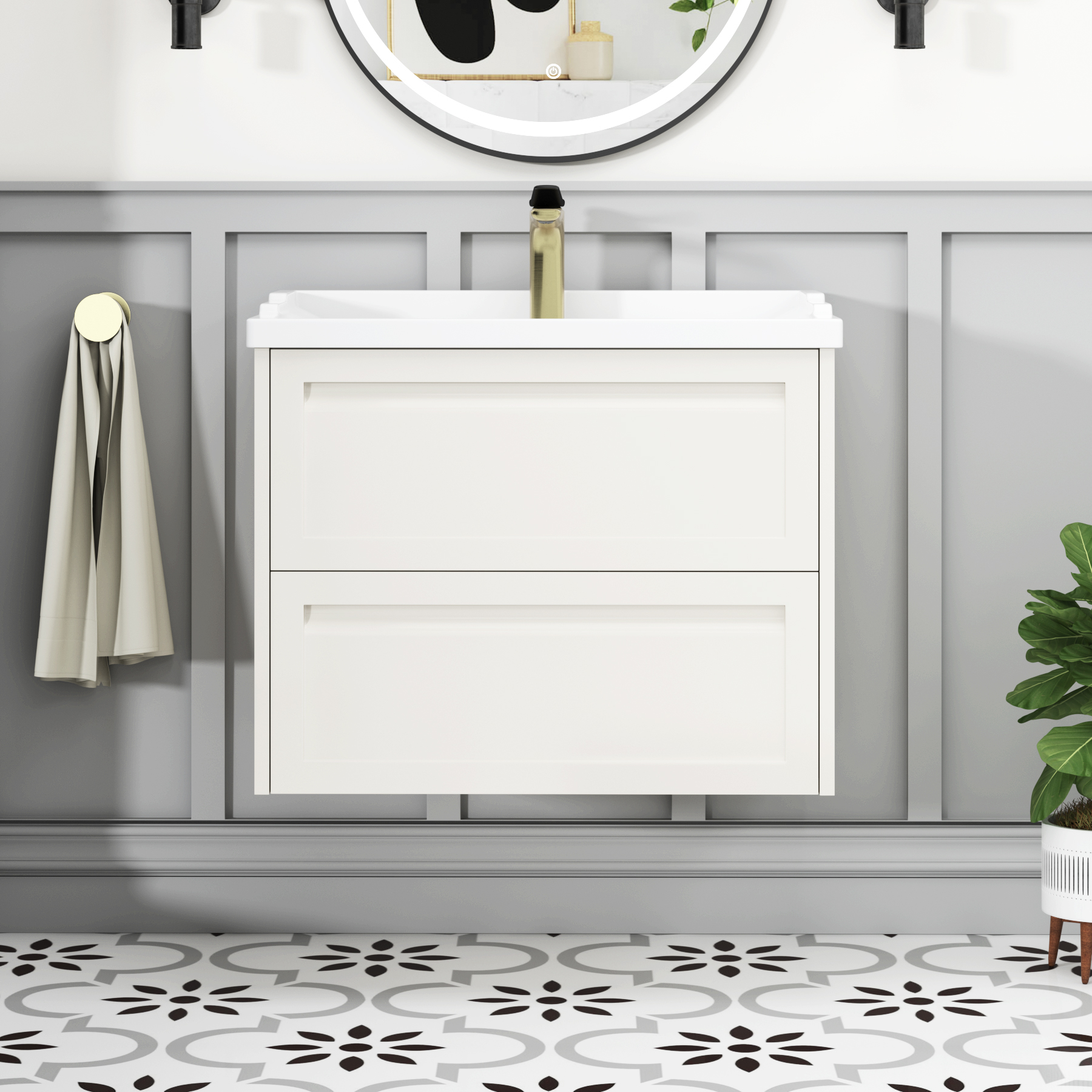 Elmore Traditional 2 Drawer Wall Hung Vanity Unit Classic White with Ceramic Basin
