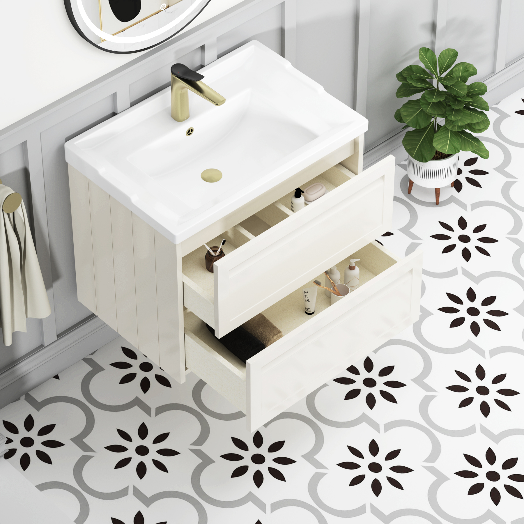 Elmore Traditional 2 Drawer Wall Hung Vanity Unit Classic White with Ceramic Basin