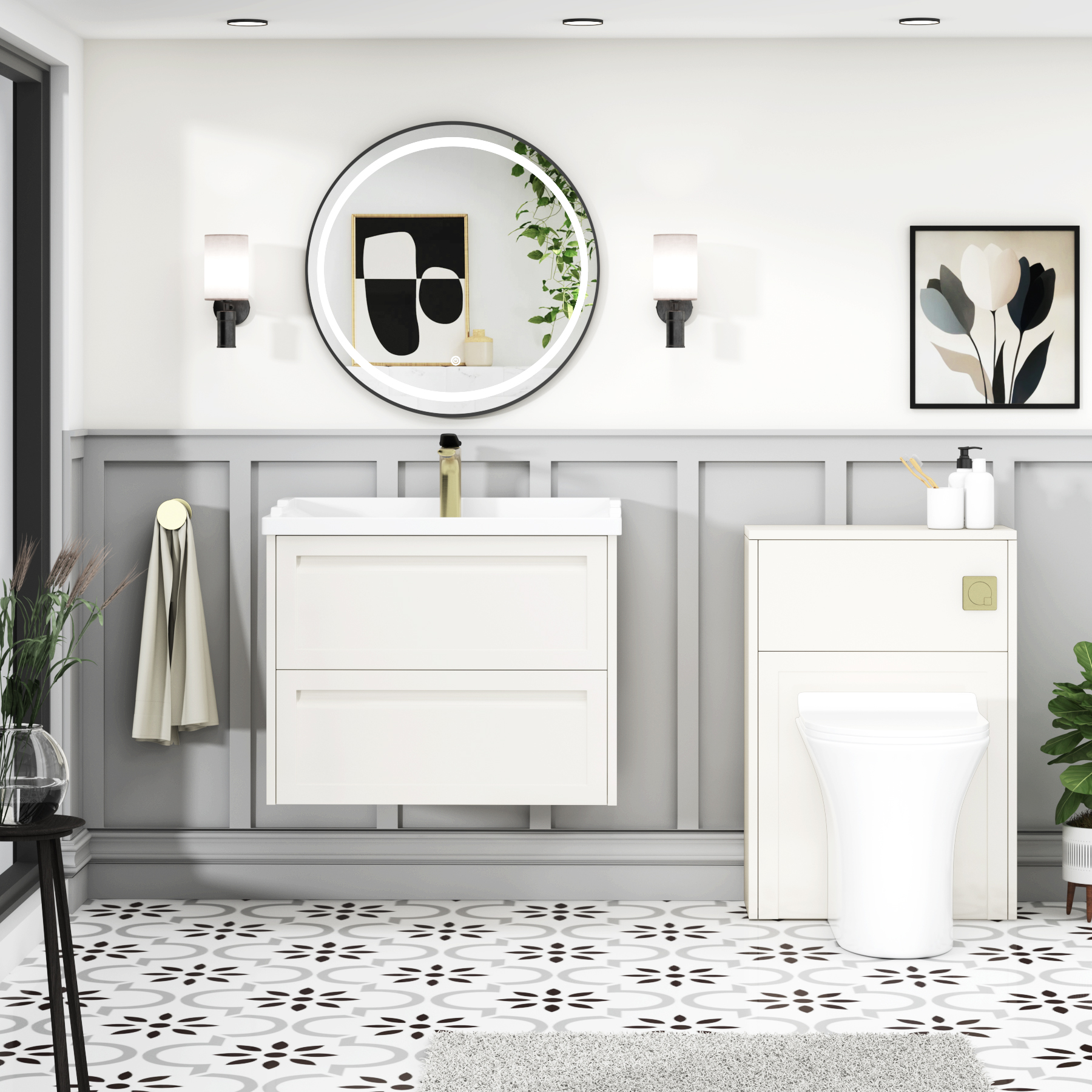 Elmore Traditional 2 Drawer Wall Hung Vanity Unit Classic White with Ceramic Basin