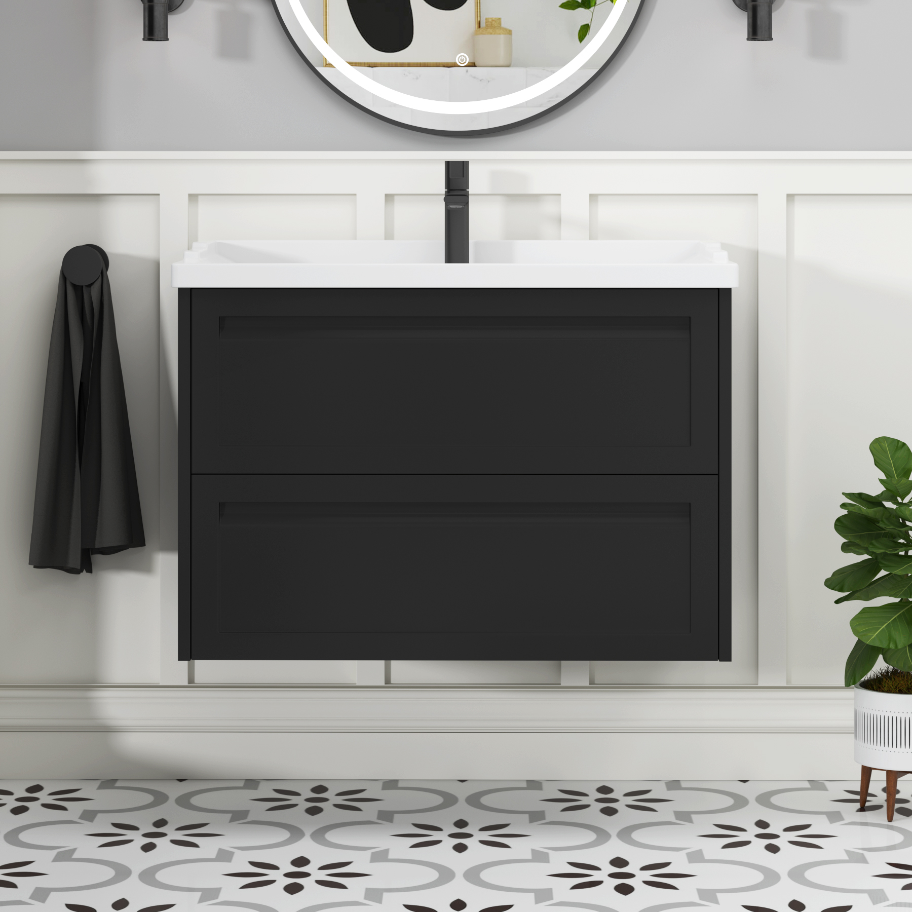 Elmore Traditional 2 Drawer Wall Hung Vanity Unit Matt Nocturne Black with Ceramic Basin