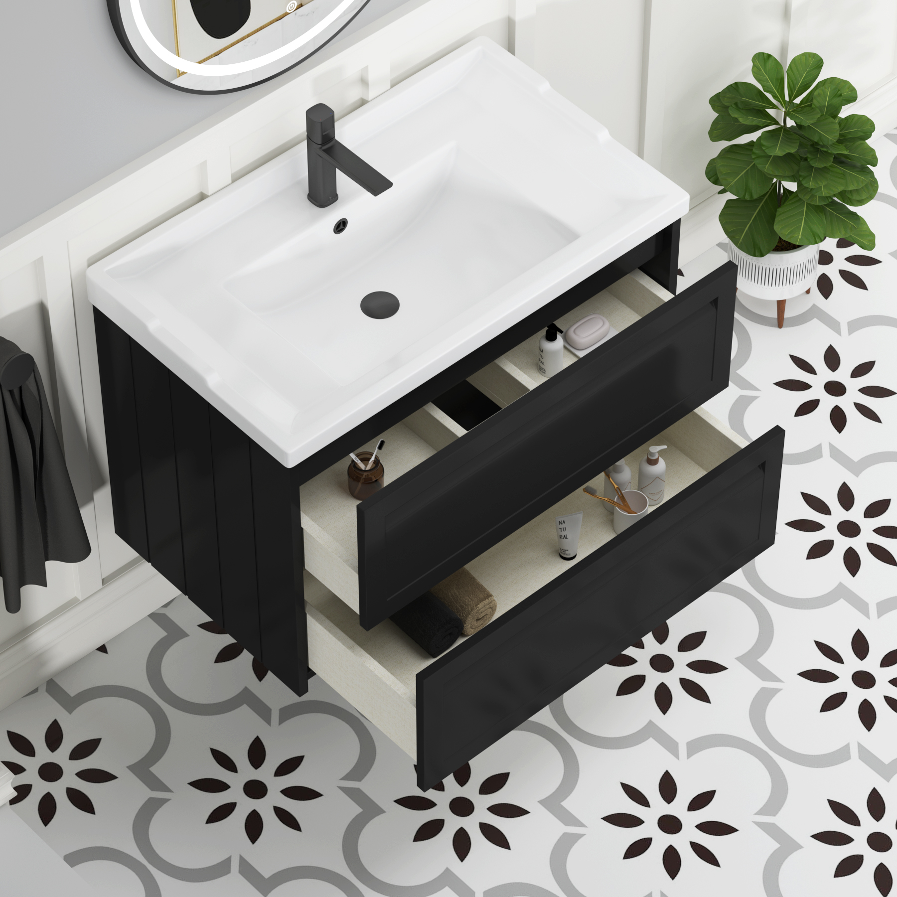 Elmore Traditional 2 Drawer Wall Hung Vanity Unit Matt Nocturne Black with Ceramic Basin