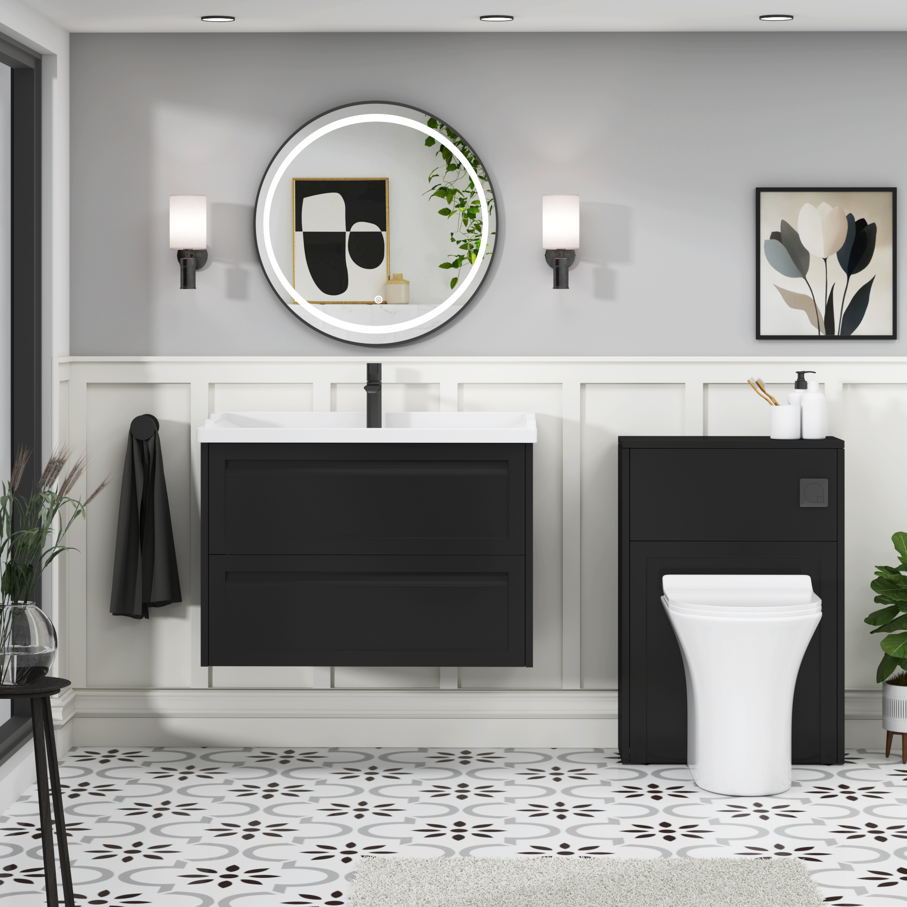 Elmore Traditional 2 Drawer Wall Hung Vanity Unit Matt Nocturne Black with Ceramic Basin