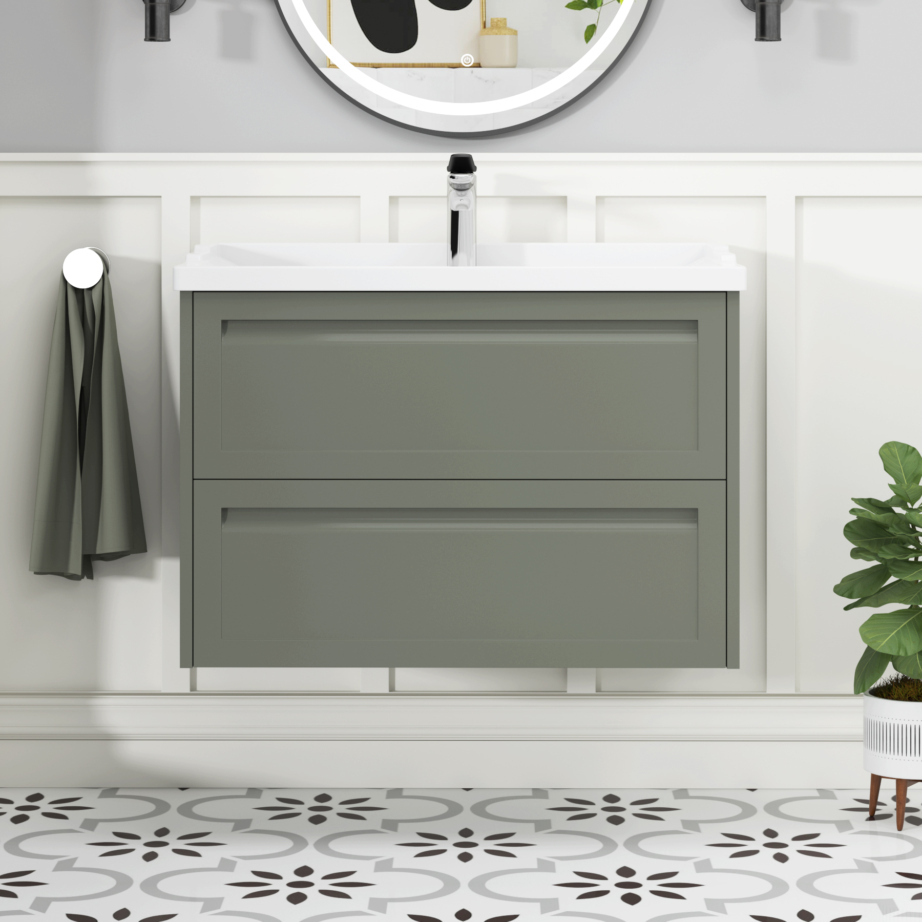 Elmore Traditional 2 Drawer Wall Hung Vanity Unit Matt Green with Ceramic Basin