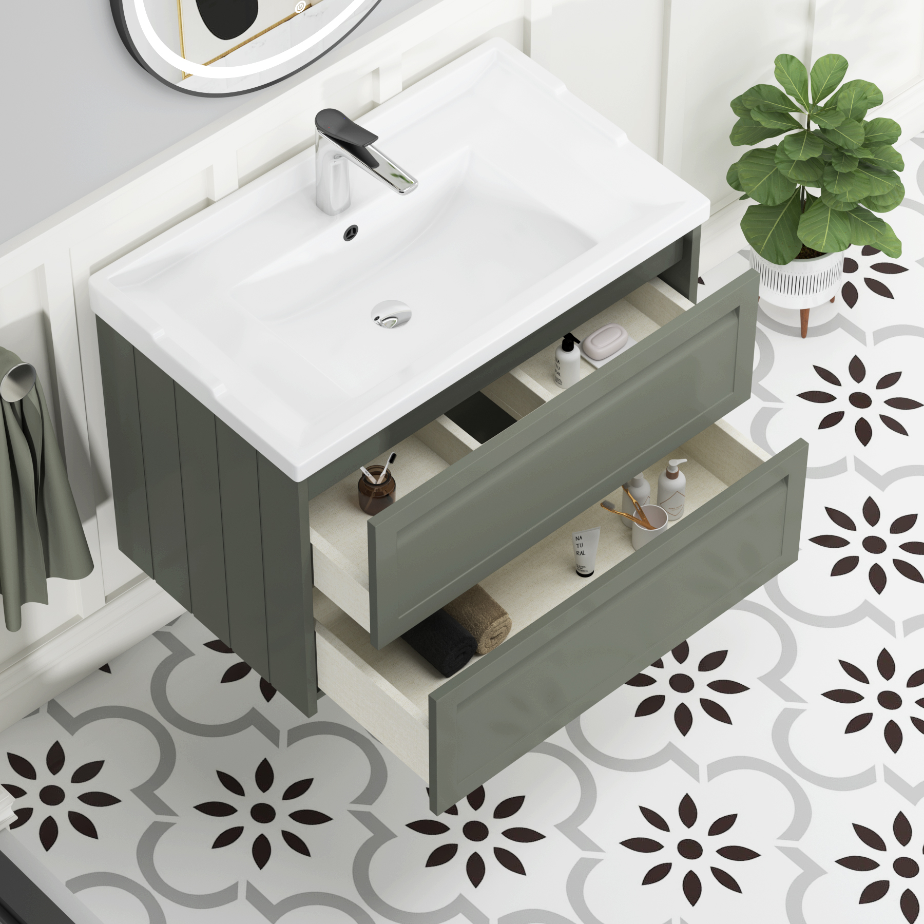 Elmore Traditional 2 Drawer Wall Hung Vanity Unit Matt Green with Ceramic Basin