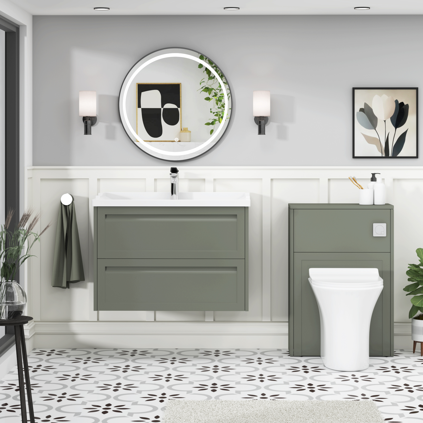 Elmore Traditional 2 Drawer Wall Hung Vanity Unit Matt Green with Ceramic Basin