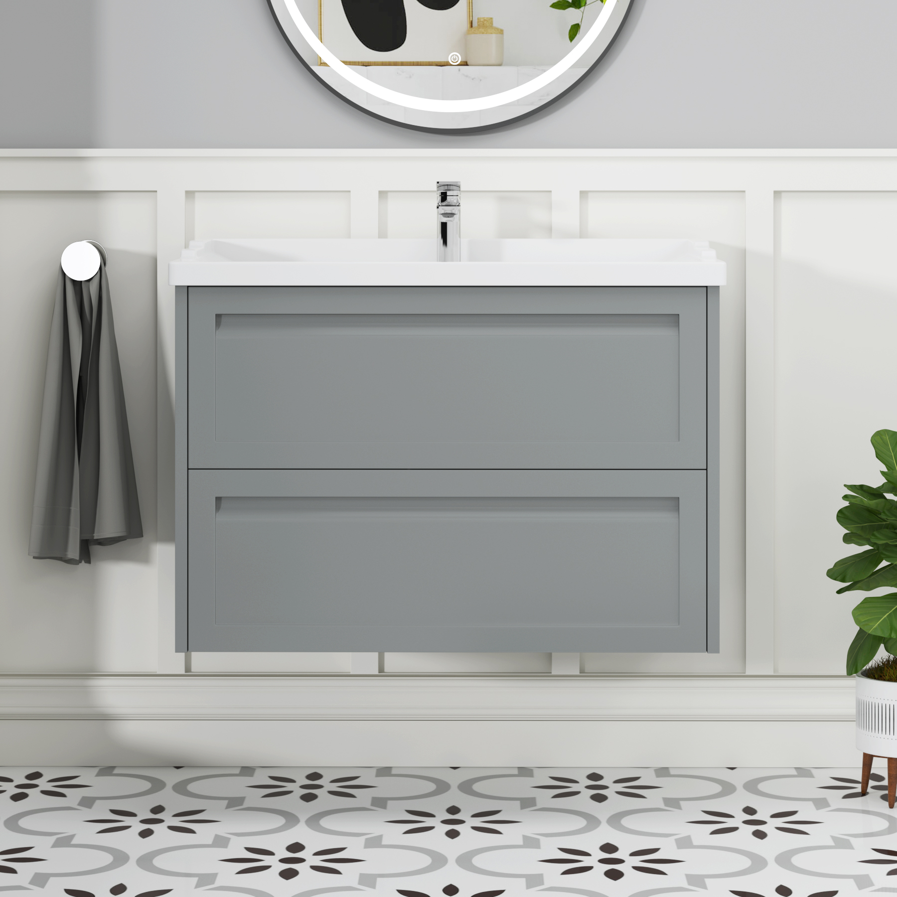 Elmore Traditional 2 Drawer Wall Hung Vanity Unit Matt Pebble Grey with Ceramic Basin
