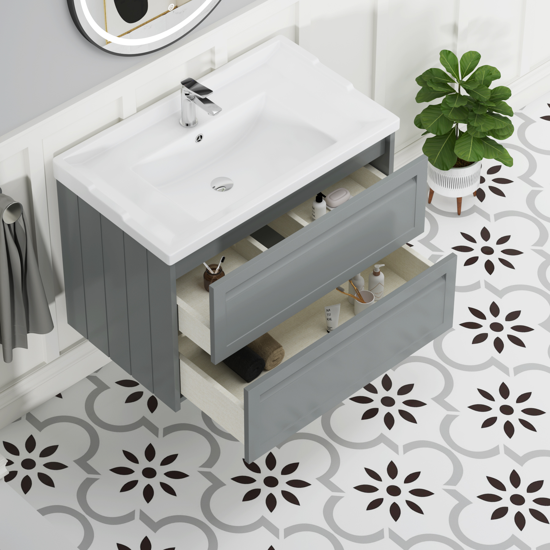 Elmore Traditional 2 Drawer Wall Hung Vanity Unit Matt Pebble Grey with Ceramic Basin