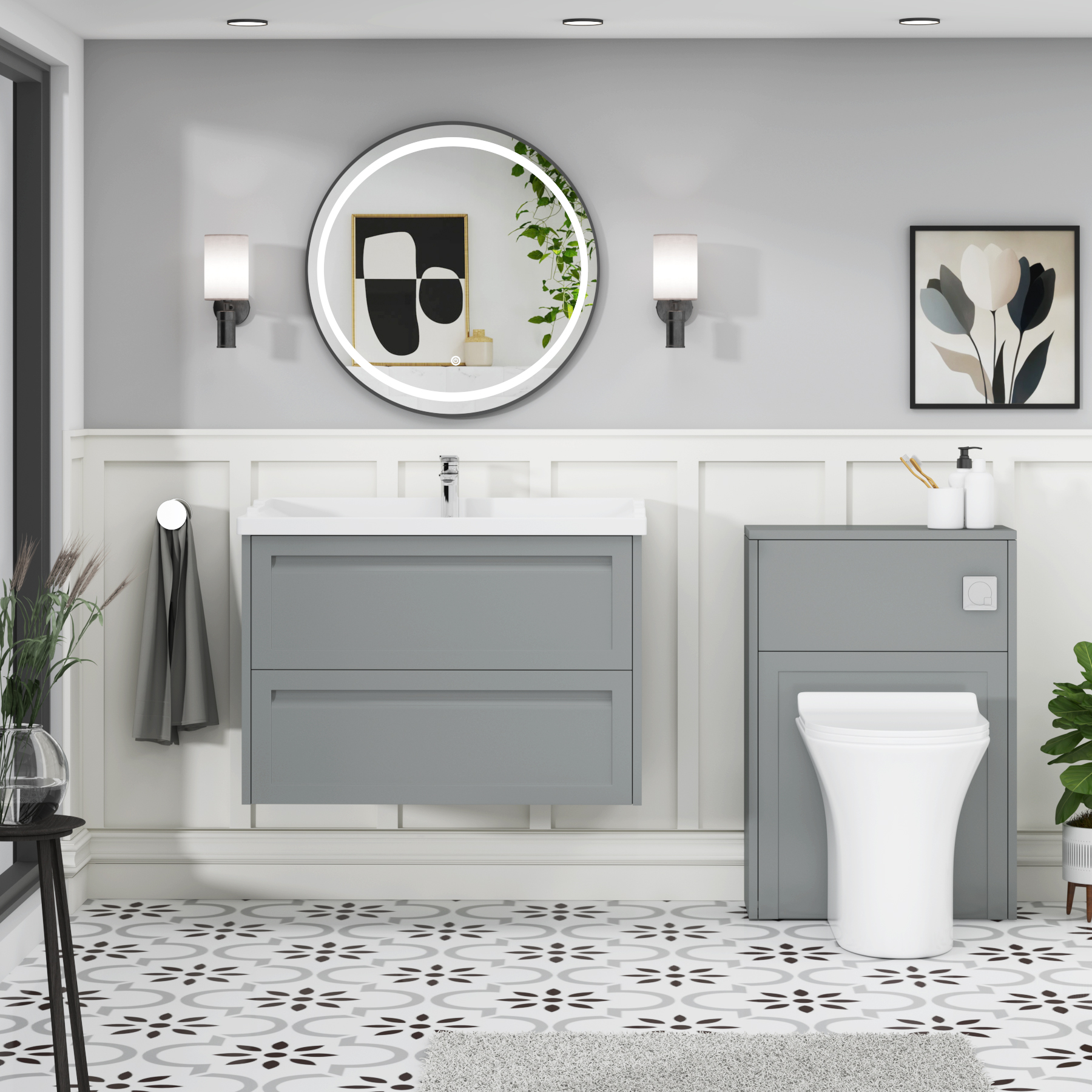 Elmore Traditional 2 Drawer Wall Hung Vanity Unit Matt Pebble Grey with Ceramic Basin
