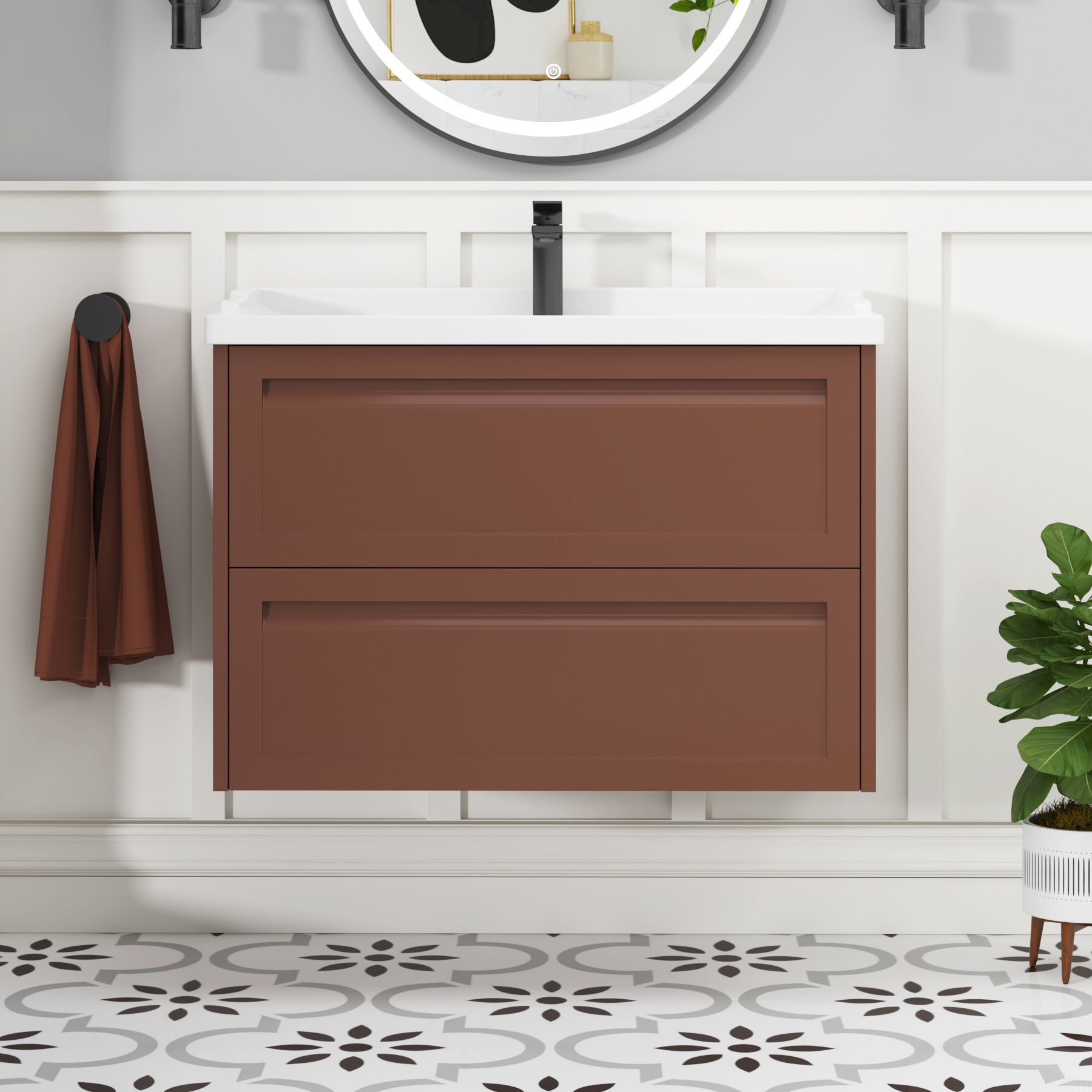 Elmore Traditional 2 Drawer Wall Hung Vanity Unit Terracotta Clay with Ceramic Basin
