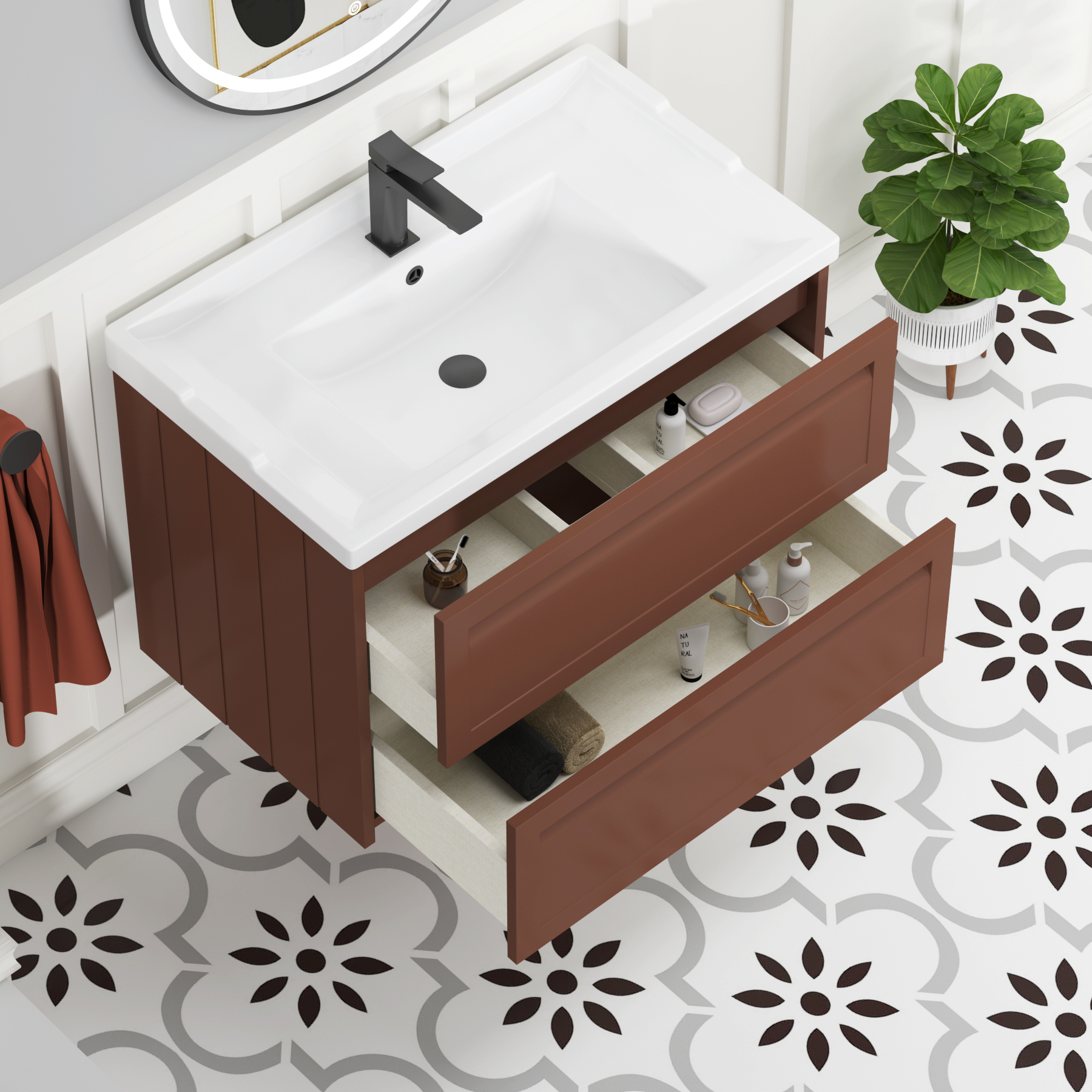 Elmore Traditional 2 Drawer Wall Hung Vanity Unit Terracotta Clay with Ceramic Basin