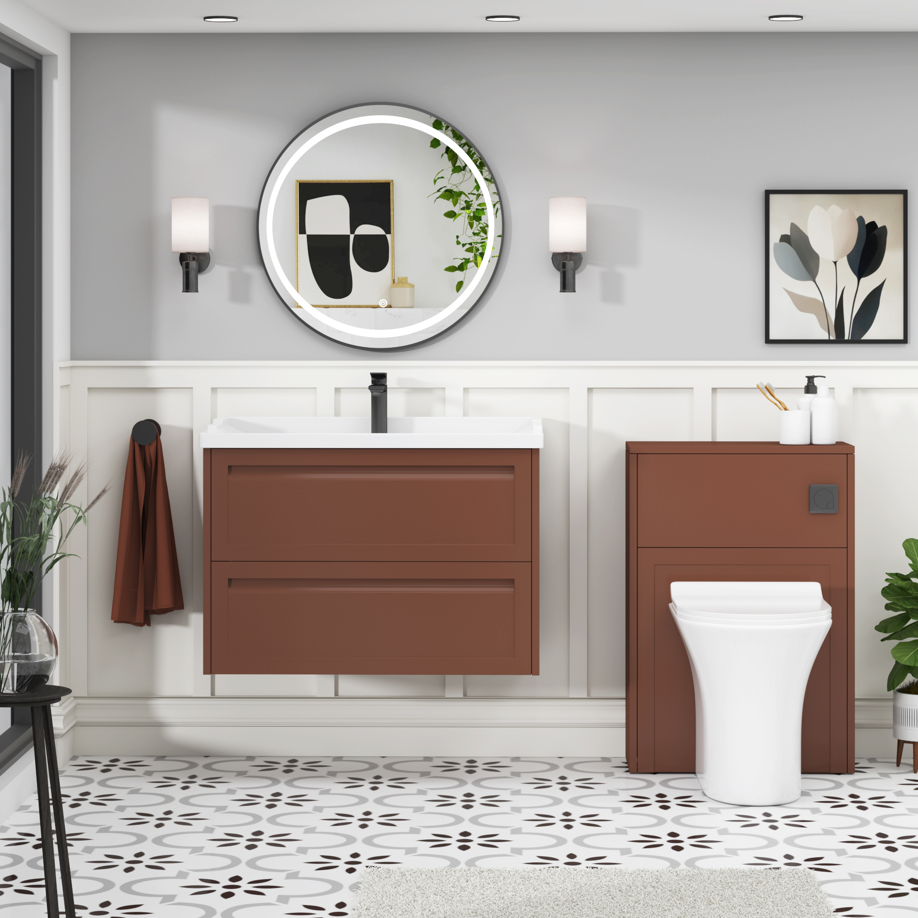 Elmore Traditional 2 Drawer Wall Hung Vanity Unit Terracotta Clay with Ceramic Basin