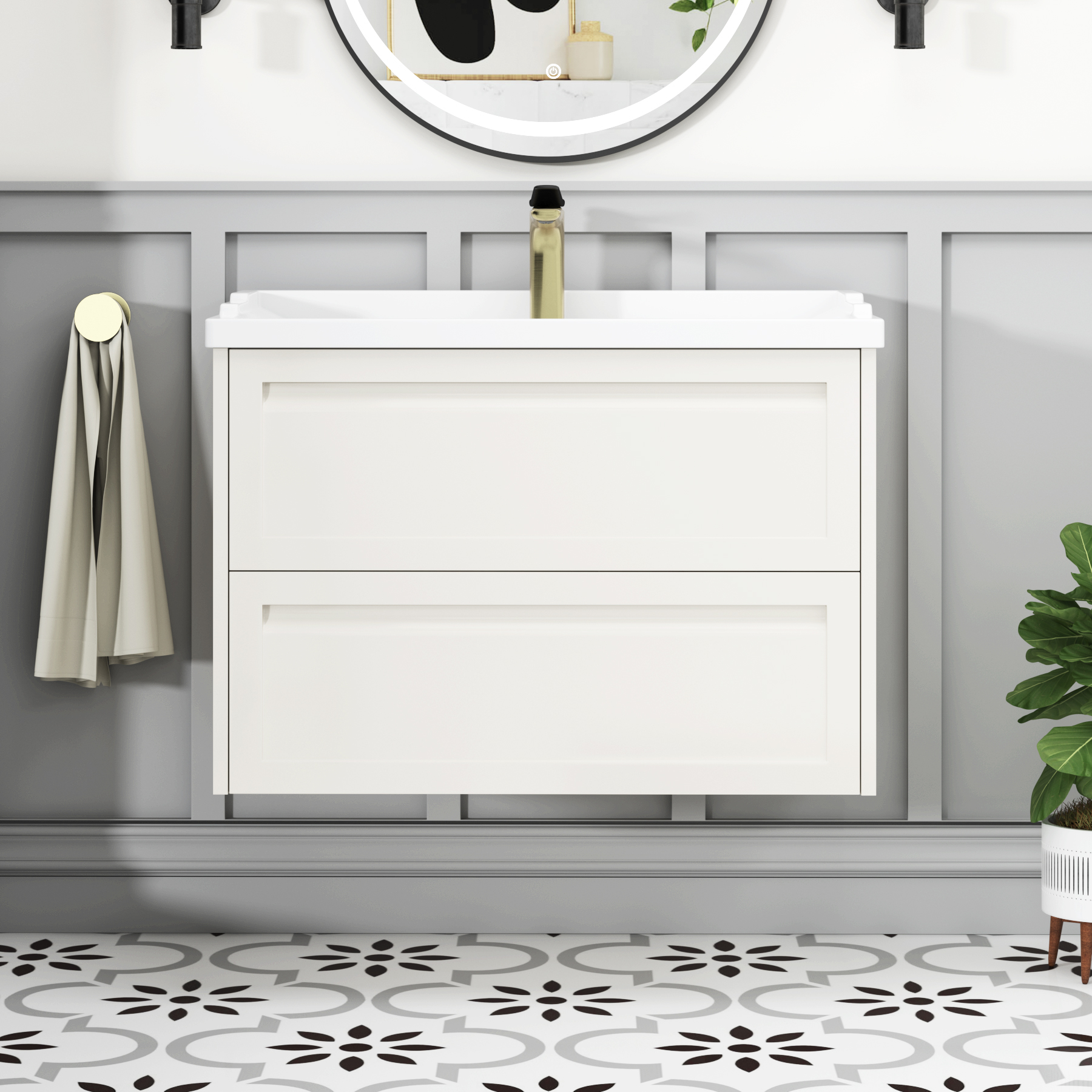 Elmore Traditional 2 Drawer Wall Hung Vanity Unit Classic White with Ceramic Basin