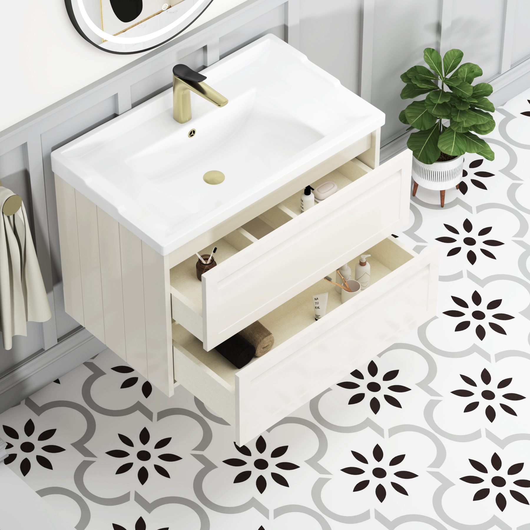Elmore Traditional 2 Drawer Wall Hung Vanity Unit Classic White with Ceramic Basin