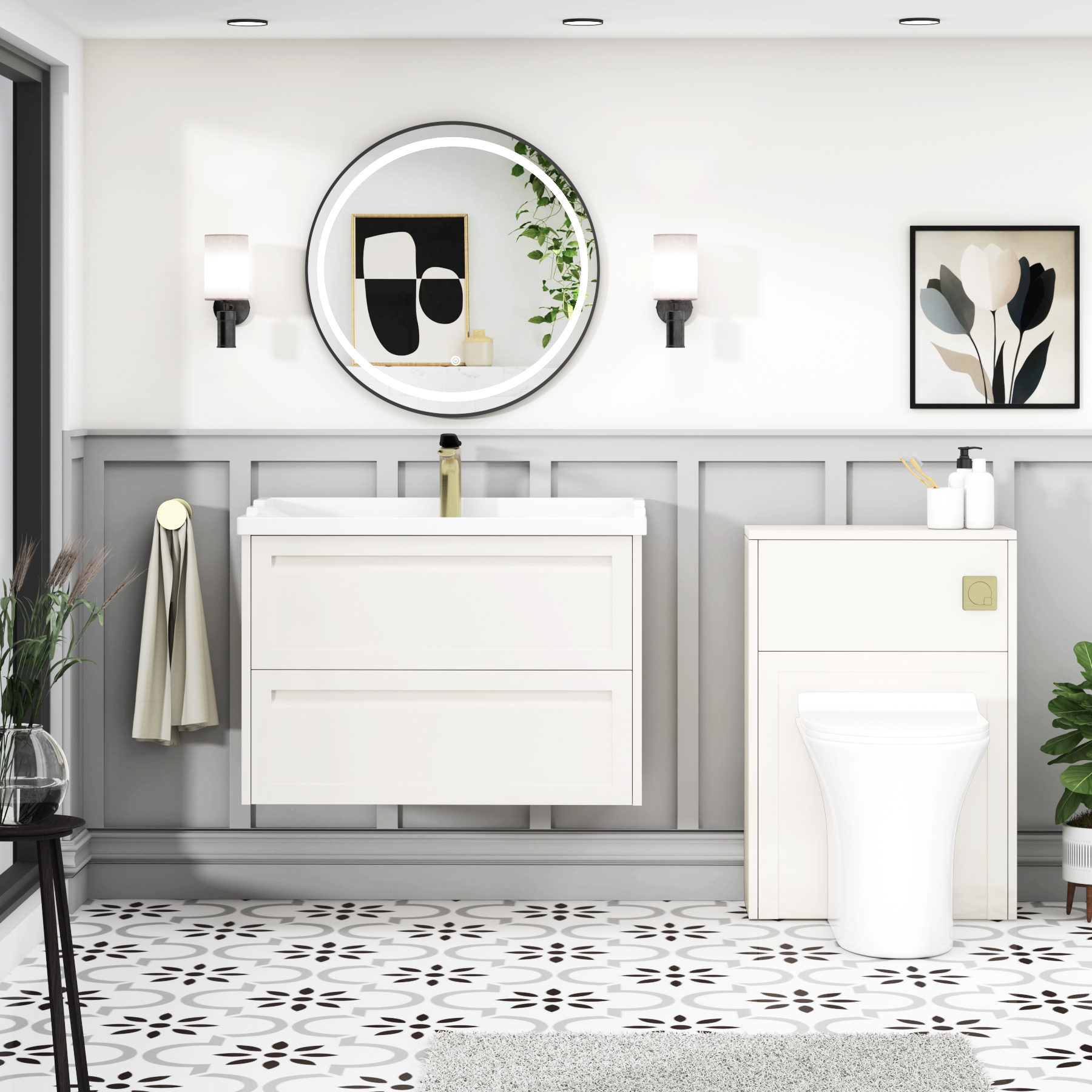 Elmore Traditional 2 Drawer Wall Hung Vanity Unit Classic White with Ceramic Basin