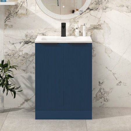 Evora 600mm Satin Blue Fluted Floor Standing Vanity Unit 2 Door with Undrilled Stone Basin & Matt Black Handles