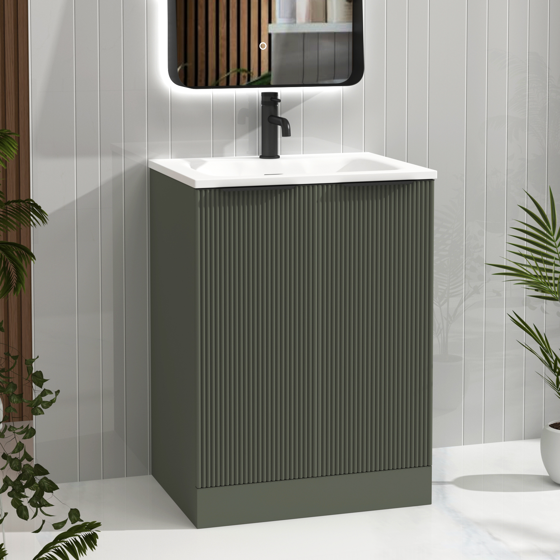 Evora Sage Green Fluted Floor Standing Vanity Unit 2 Door with Matt Stone Basin - Multiple Size